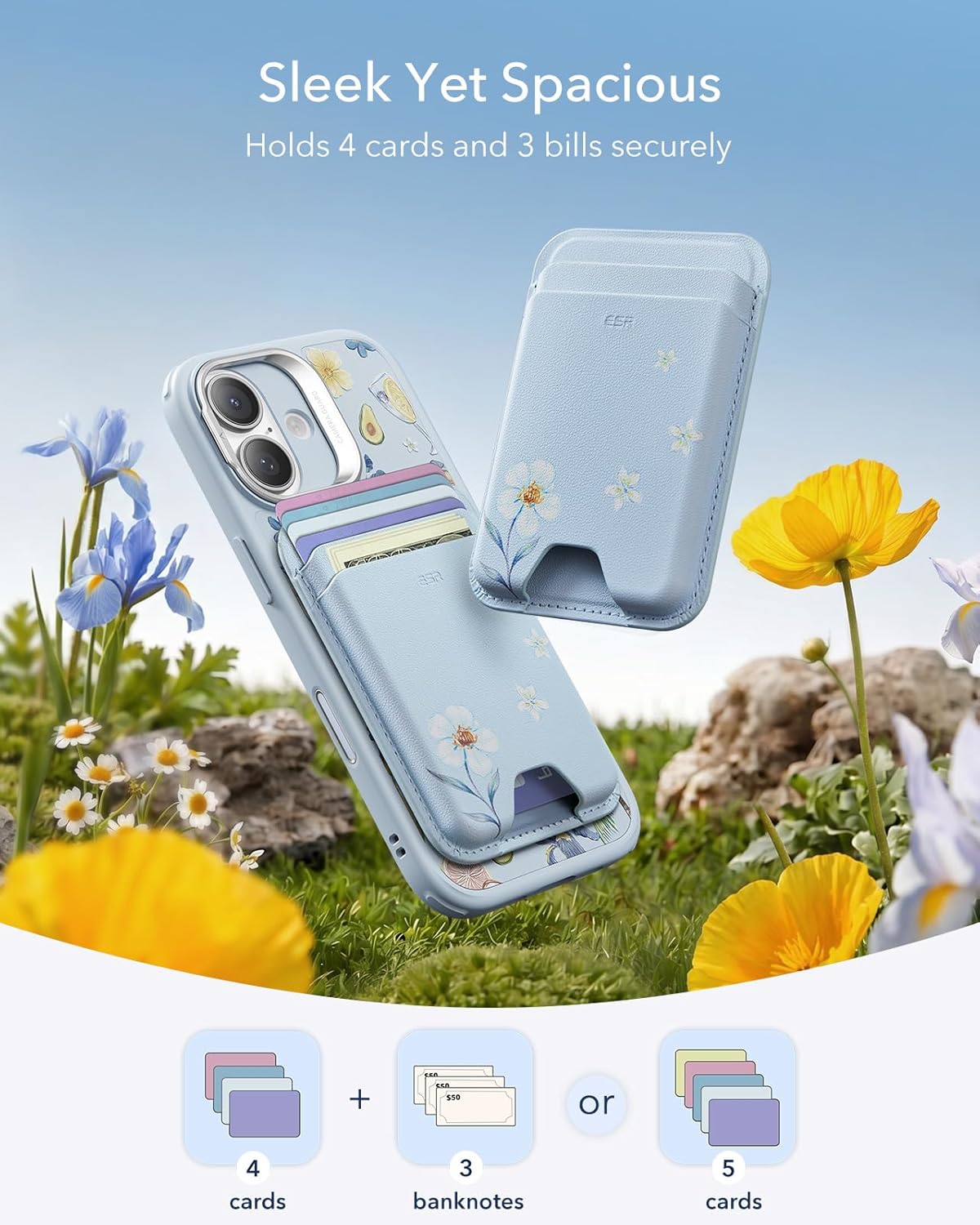 ESR Aura for MagSafe Wallet for Women, RFID Blocking, MagSafe Sticker Included, 5 Cards Holder Magnetic Wallet for iPhone 17e/17/16/15/14/13/12 & Select Samsung, Tropical Paradise, Light Blue
