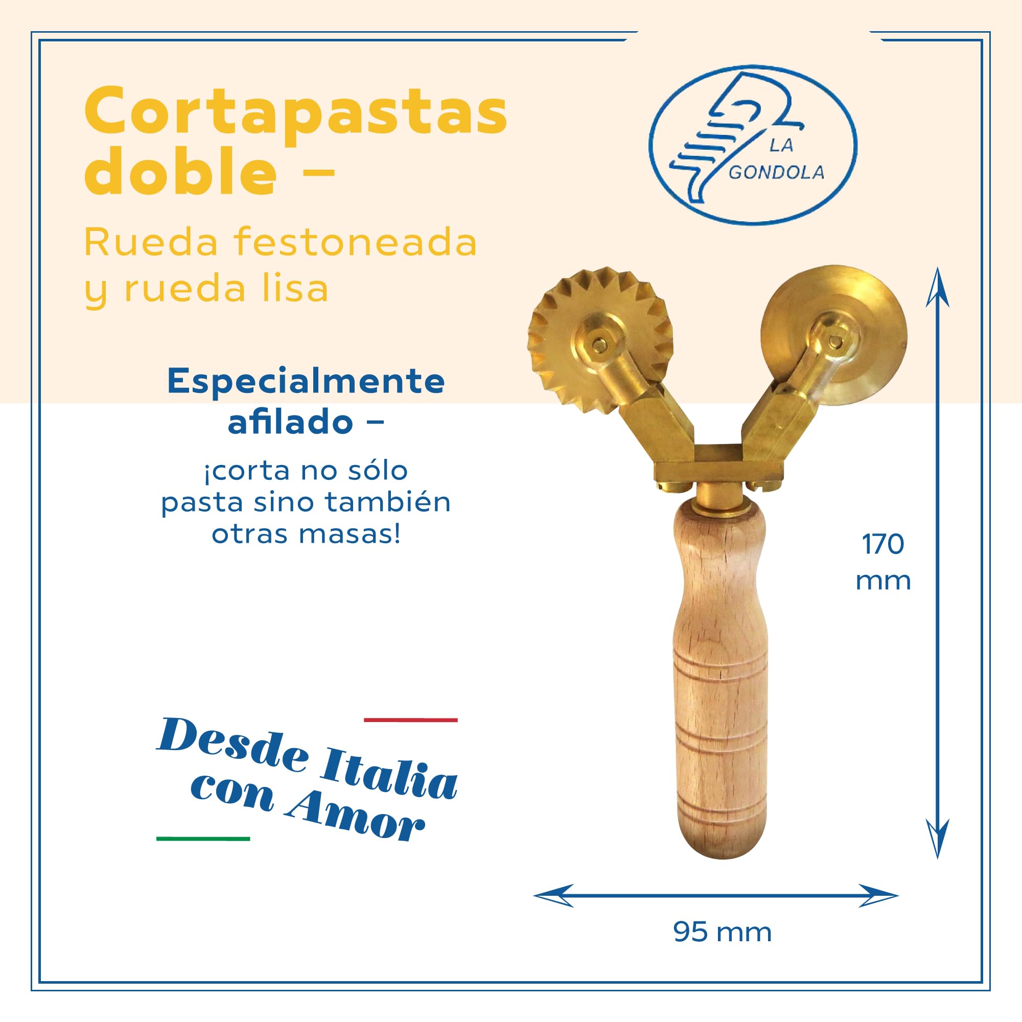 La Gondola Cortador de Rueda Doble (Festoneada y Lisa) | Utensilios para Pasta Fresca para Casa y Negocio | Cortapastas Fácil de Usar de Latón y Madera Natural | Cortador de Raviolis