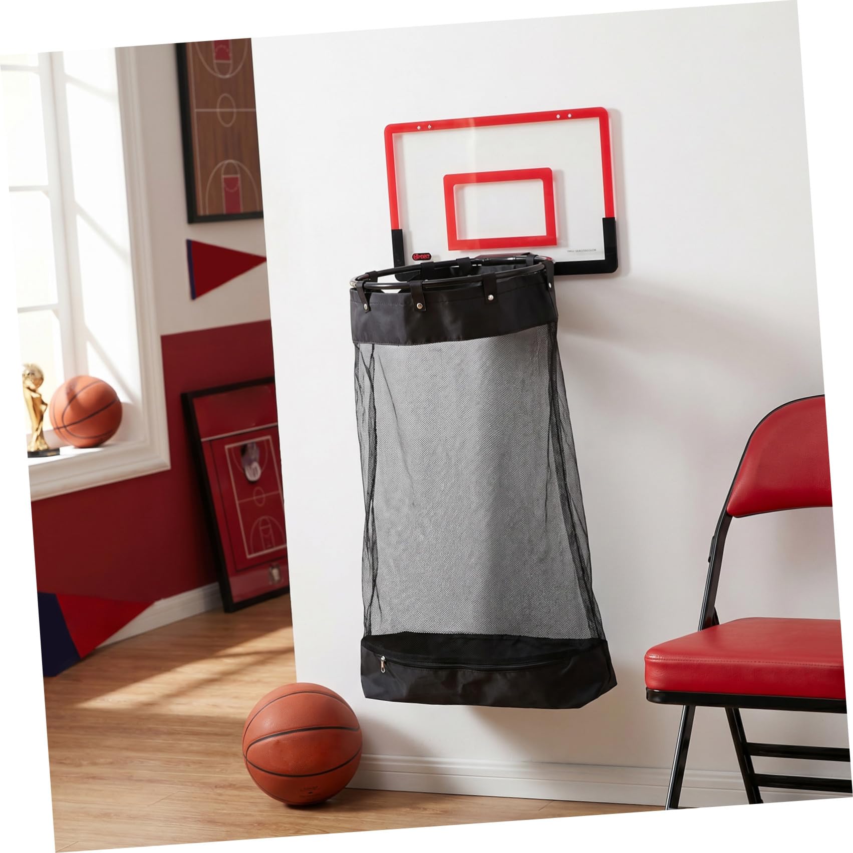 DOITOOL Türhängender Basketball Wäschekorb mit Reißverschluss, Rot | Acryl Rückwand, Universalhaken, 106x40x33cm, Glatte Kanten, für Zuhause und Bad