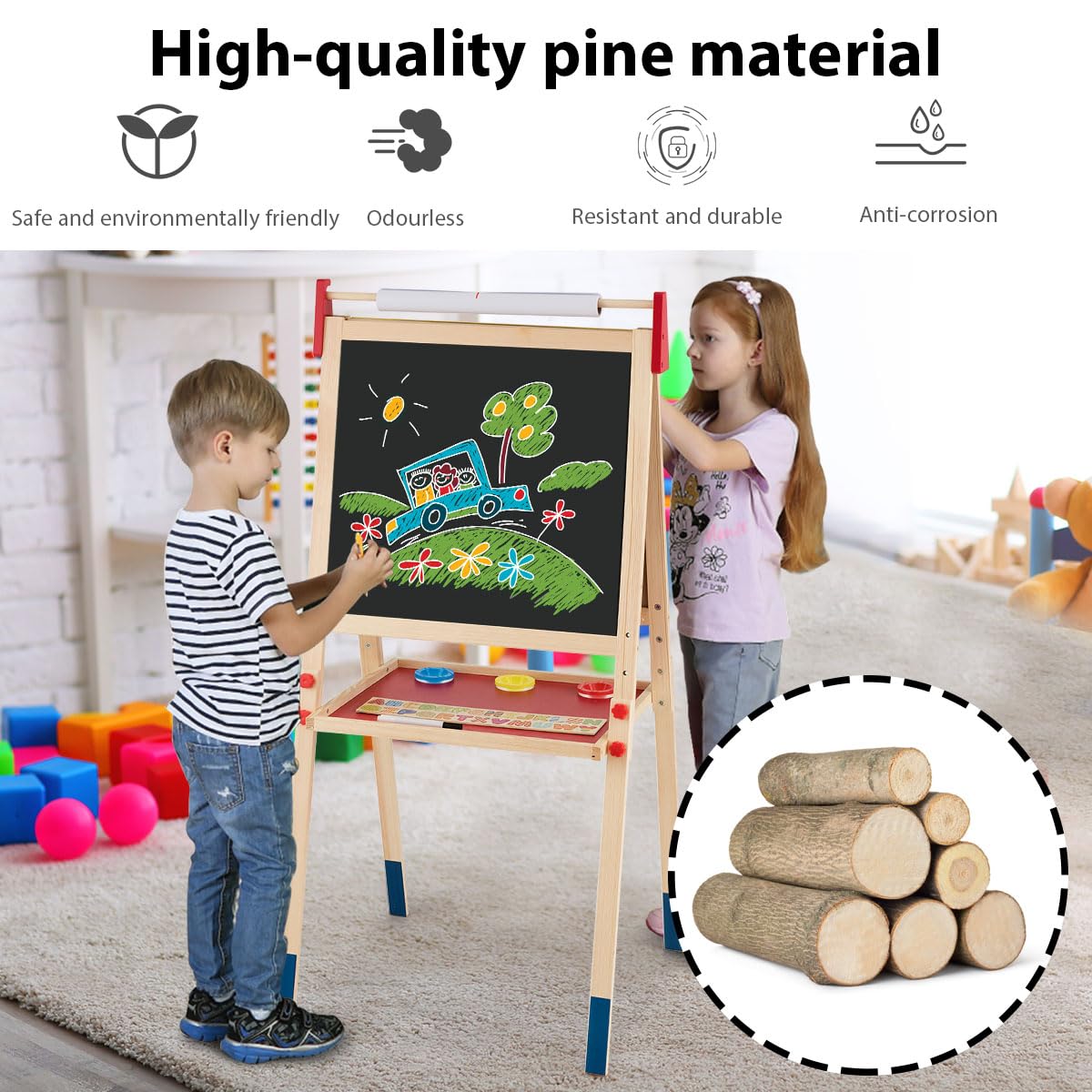 HOMASIS 3 in 1 Lavagna per Bambini con Rotolo di Carta, Cavalletto Pittura Bambini con Lavagna Doppia Faccia, Altezza e Ripiano Regolabile, Struttura in Legno di Pino, 60 x 55 x 112,5-124,5 cm