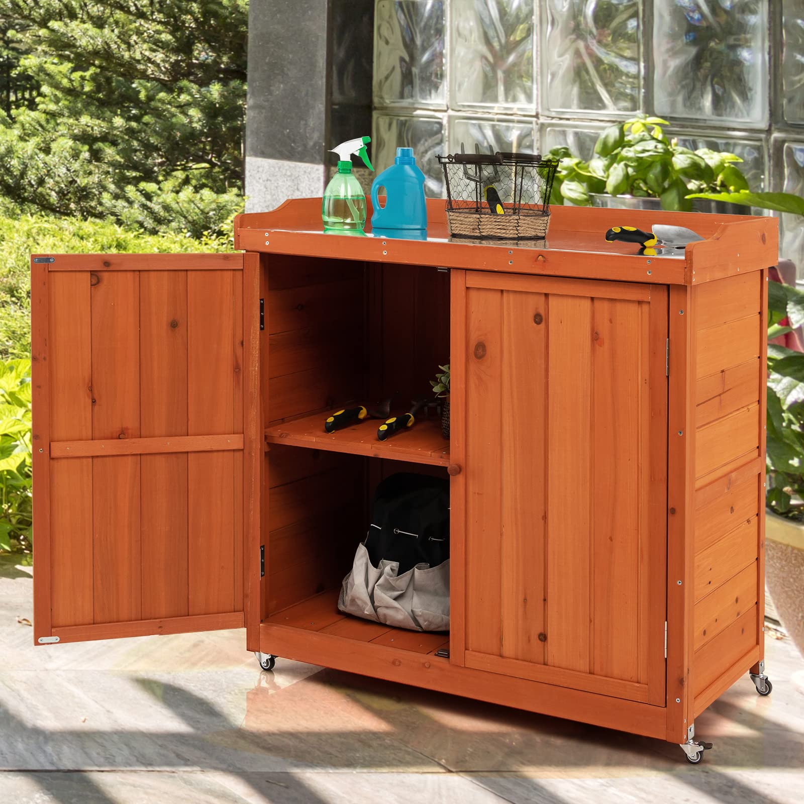 FANTASK Gartenschrank mit herausnehmbarem Regal, Holz Lagerschrank auf Rollen, Stahl-Platte, 98,5x48x100cm