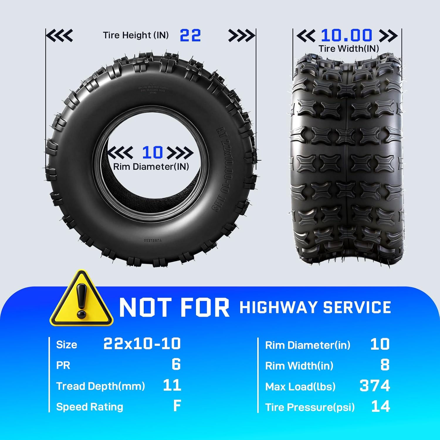 TRIBLE SIX 22x10-10 ATV/UTV Tires, 22x10x10 All-Terrain Mud & Trail Tires, 6PR Tubeless, Puncture Resistant, Non-Directional Tread, Set of 2