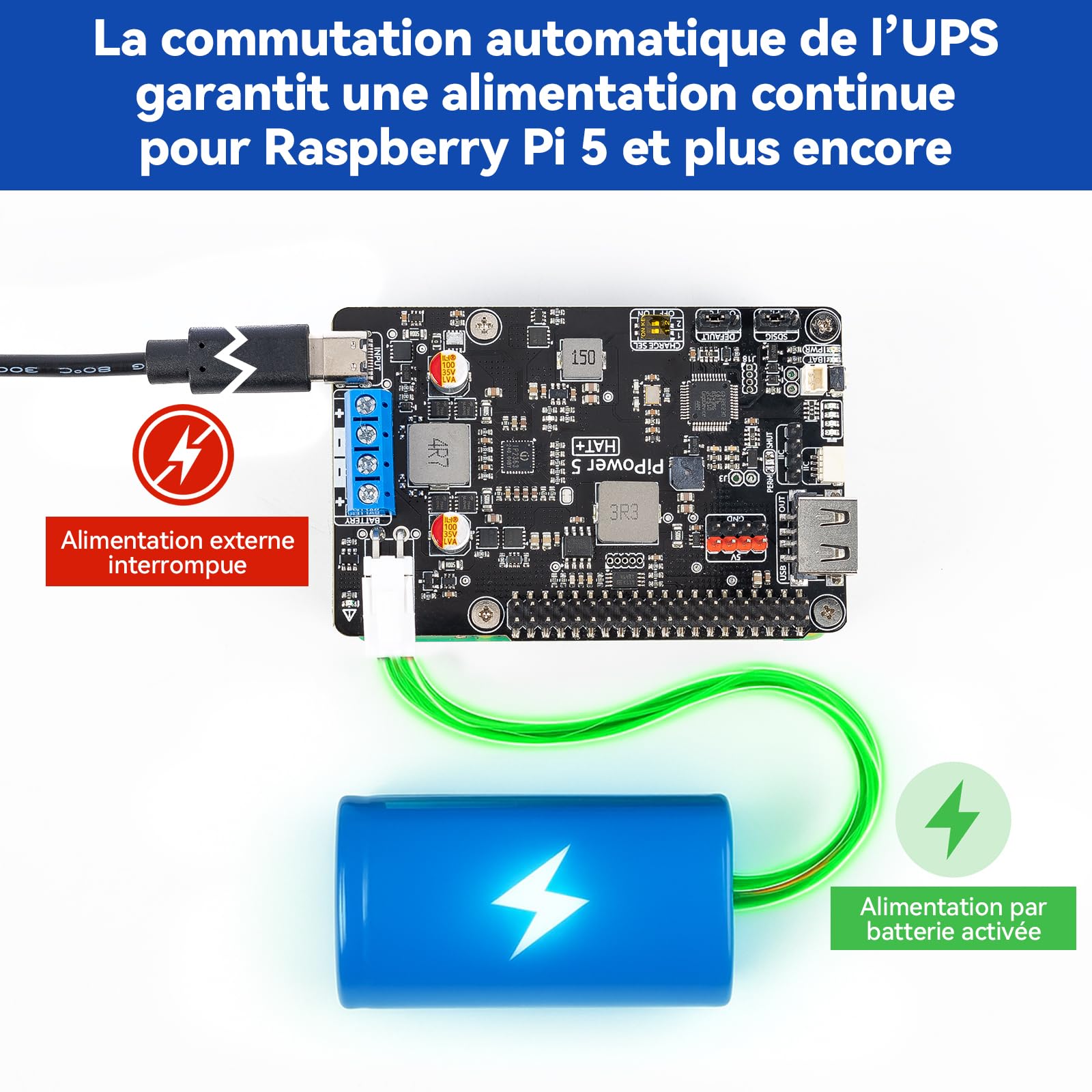 PiPower 5 UPS Hat pour Raspberry Pi 5/4B/3B+/Zero 2 W, Alimentation 5V/5A avec Batterie de Secours, arrêt sécurisé, alertes intelligentes, USB-C PD 45W pour NAS, Serveur et Home Assistant