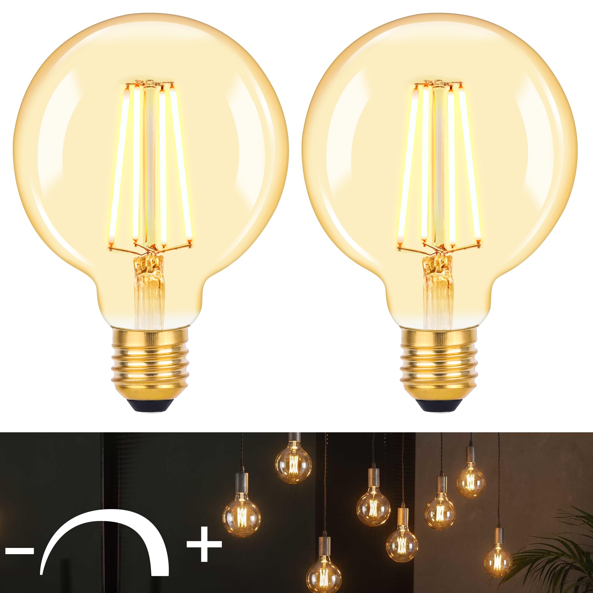 DSLebeen Dimmable E27 LED Vintage Light Bulbs 6W 600lm, G95 Edison Screw GLS Large Bulbs Decorative Filament Bulbs Amber Globe Glass Warm White Lighting 2700K 2-Pack