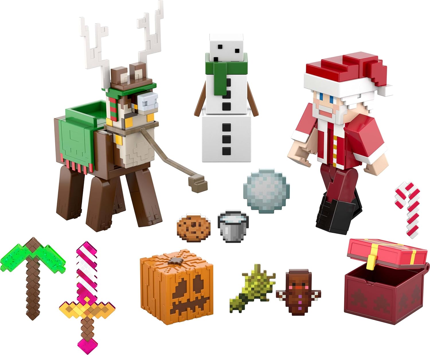 Mattel Minecraft Advent Calendar, 3 3.25-in Scale Action Figures including Santa, 17 Accessories & 4 Stickers, Pixelated Design