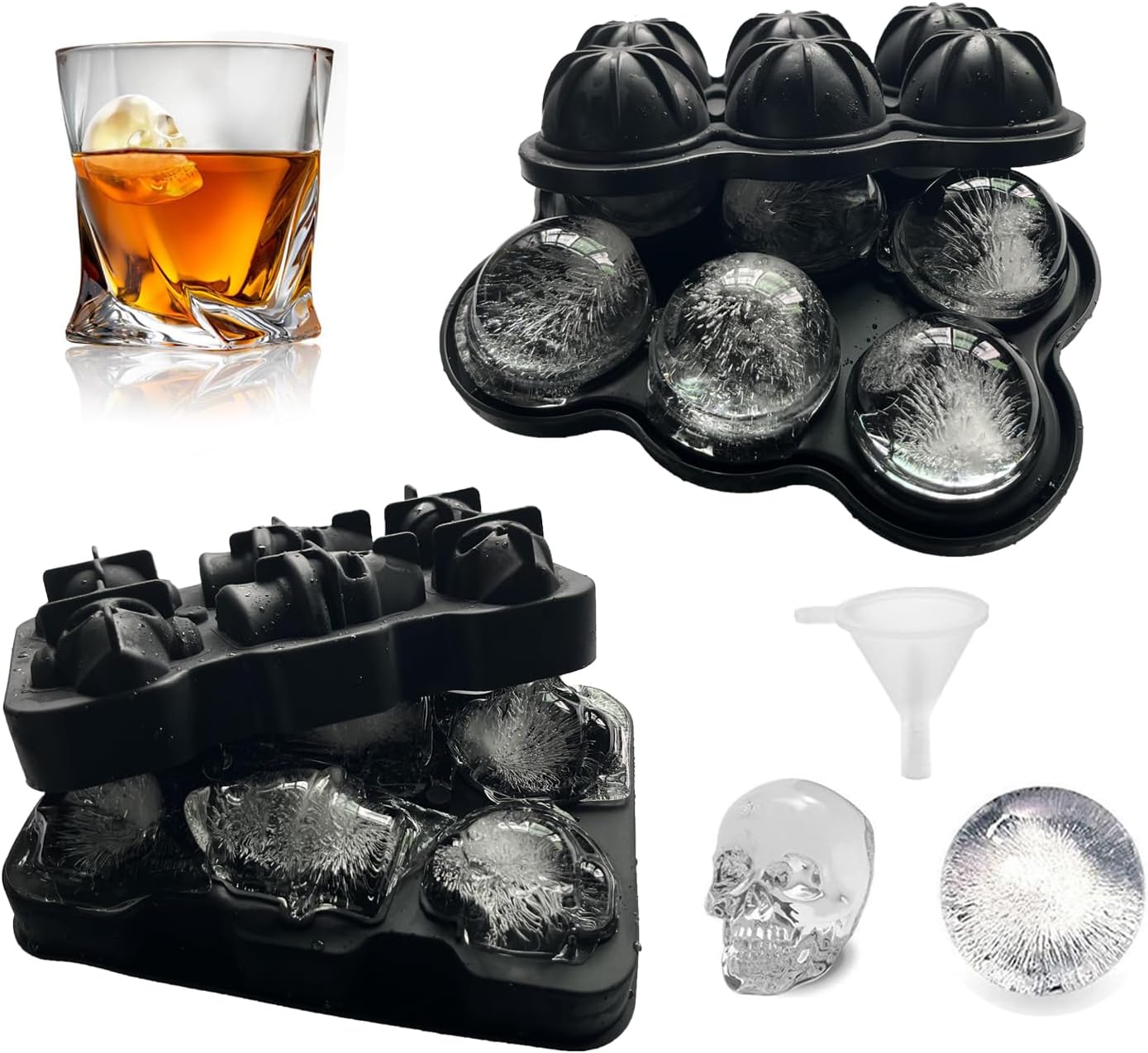 Large Ice Cube Moulds, 2 Pack Silicone Ice Cube Trays, 3D Skull, Diamond-Shaped Freezer Moulds Easy Release for Whiskey, Cocktail, Coke, BPA Free, Black