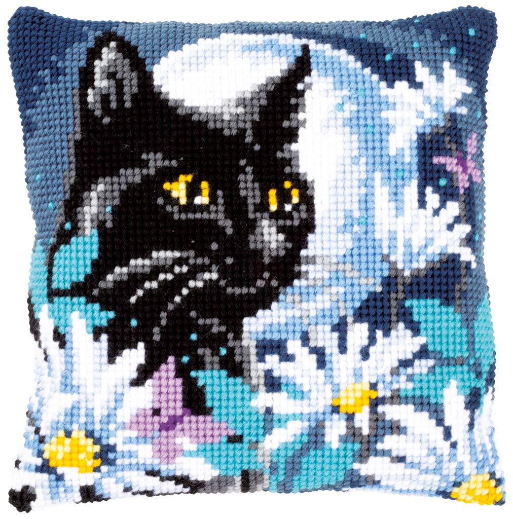 VervacoCross Stitch Embroidery Kits Pillow Front for Self-Embroidery with Embroidery Pattern on 100% Cotton and Embroidery Thread, 15,75 x 15,75 Inches - 40 x 40 cm, Night Cat