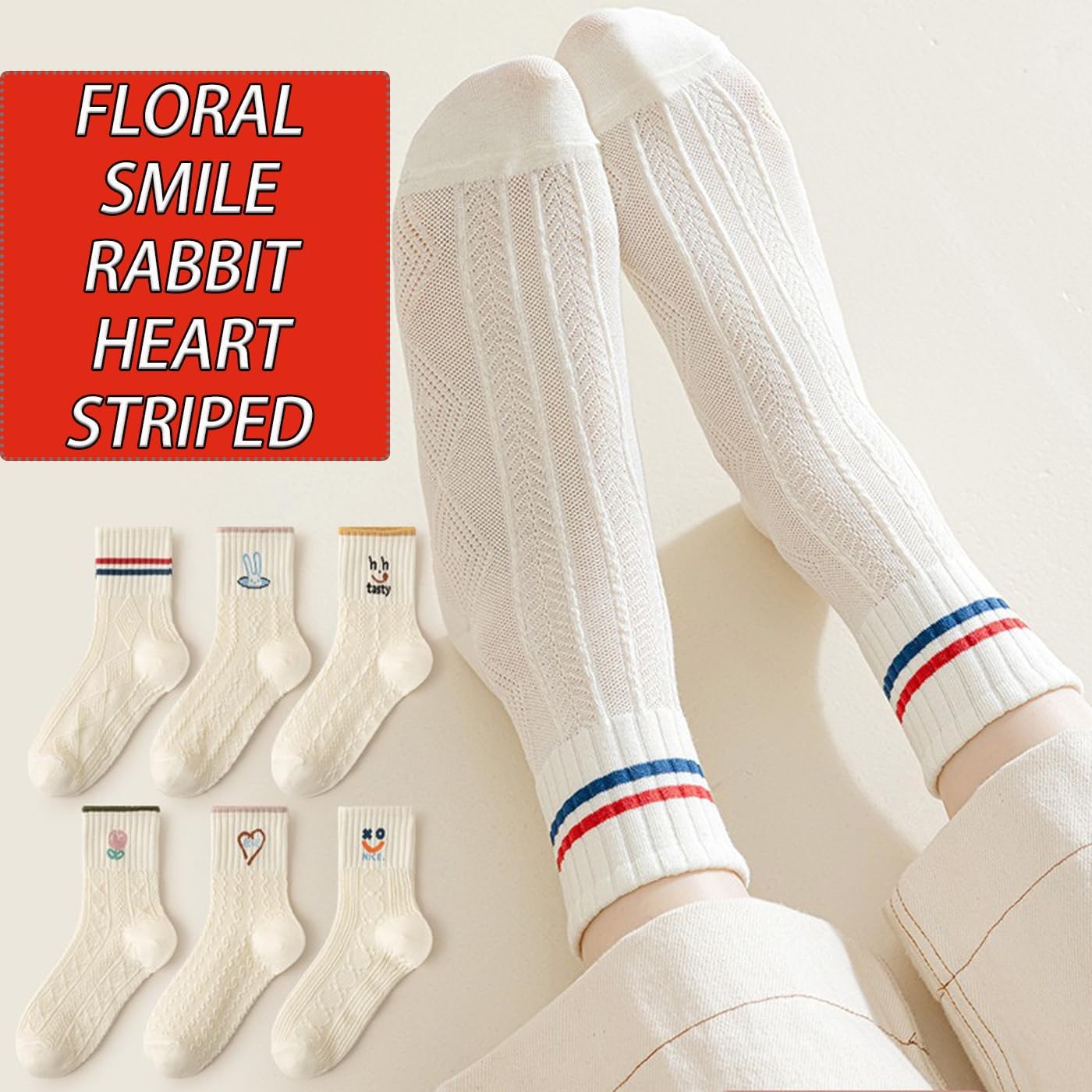 CHUNFO Womens Cute Socks Ankle Ribbed Heart Striped Rabbit Animal Letter Cotton Girls Sock Cozy Size5-9