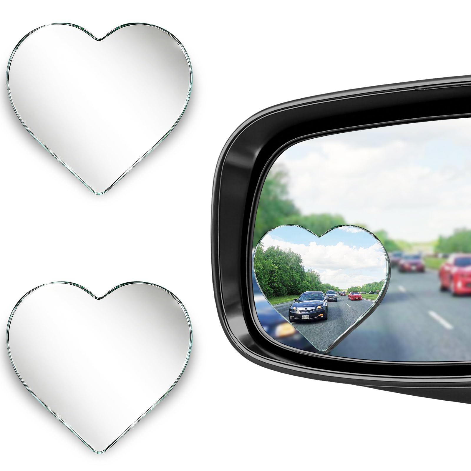 2Pcs Heart Shaped Blind Spot Mirrors for Cars, HD Glass Frameless Convex Side Mirror Blindspot, Universal Fit Stick-On Wide Angle Rear View Mirrors for SUVs, Trucks and RVs