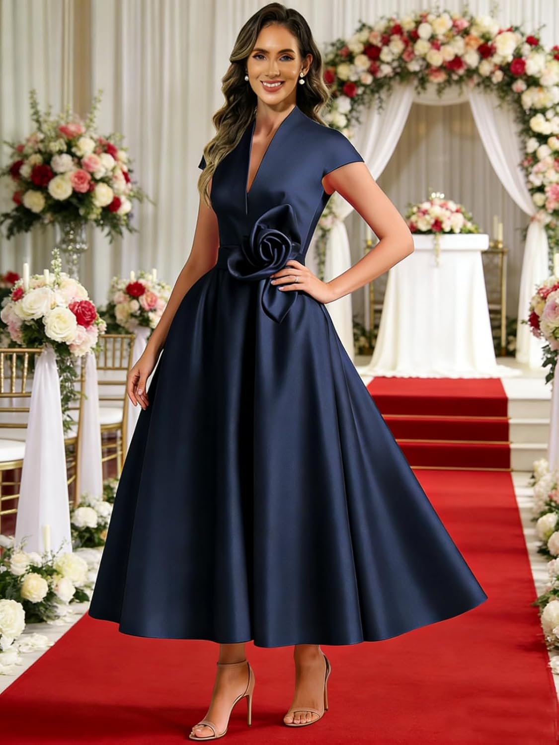 Tea Length Satin Mother of The Bride Dresses for Women A Line V Neck Formal Wedding Guest Dresses with Cap Sleeves - Image 8