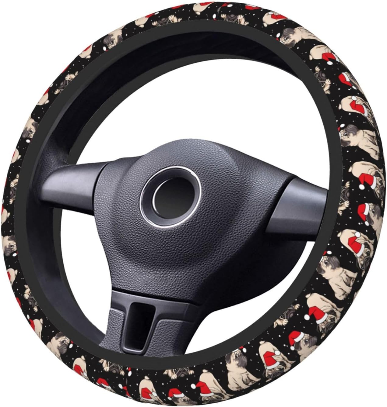 Christmas Pug Cute Dog Black and White Puppy Pug Snowflakes Car Steering Wheel Cover,Non-Slip Elastic Neoprene-Sweat Car Accessories,Universal 15 Inch Fit Auto, Vans Trucks,Suvs, Truck image 4