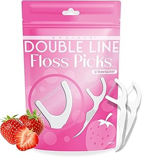 Floss Picks, Strawberry Flavored Dual-Line Dental Flossers, Long Handles with Toothpick End, Fruit Flavor, Travel-Friendly, Oral Hygiene for Adults and Kids Teeth, 50 Count