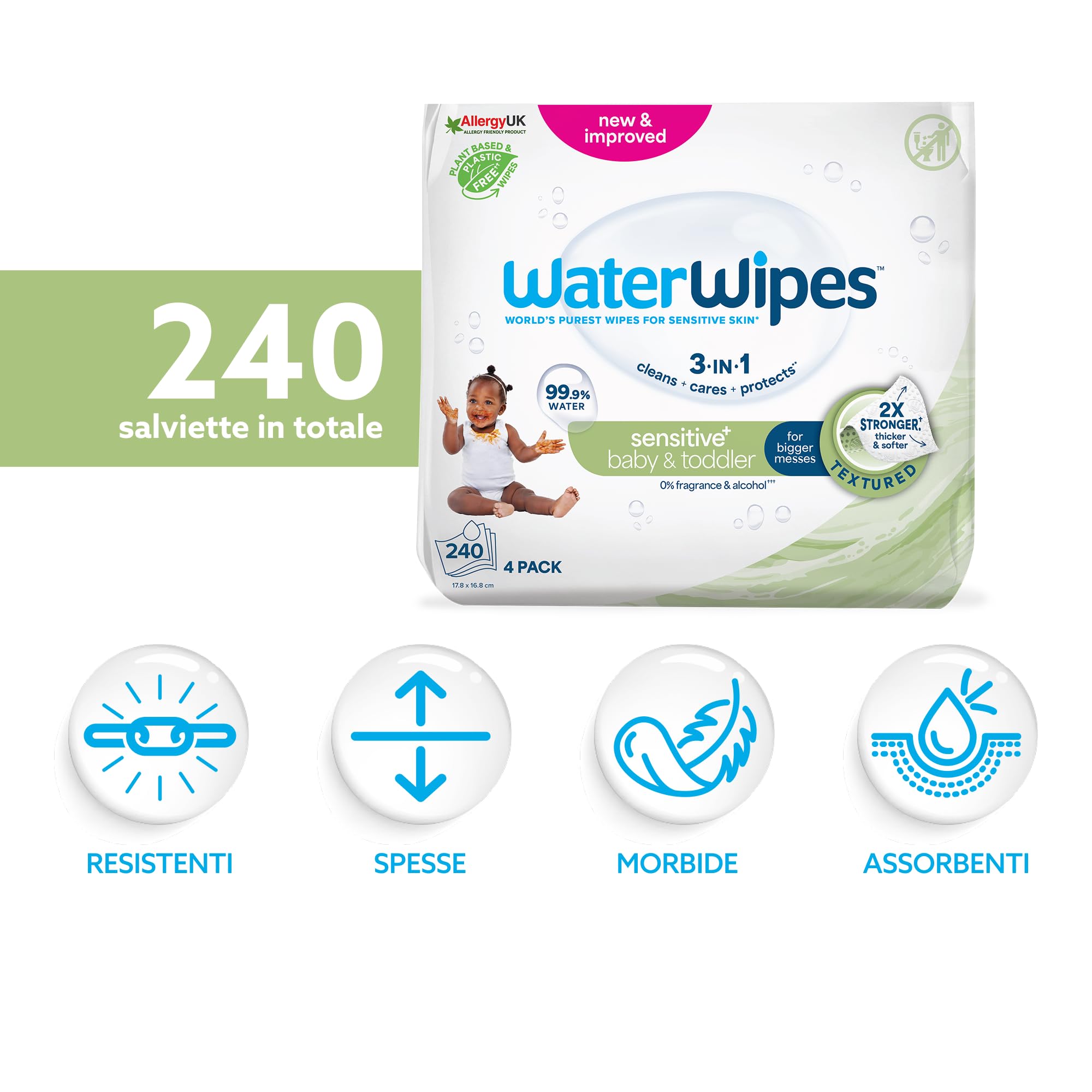 WaterWipes Sensitive+ Baby & Toddler Wipes, Salviettine per Neonati e Bambini Piccoli, 240 Pezzi (4 Confezioni), Deterge, Cura, Protegge, 99,9% Acqua, Texture Pulente, Senza Profumo