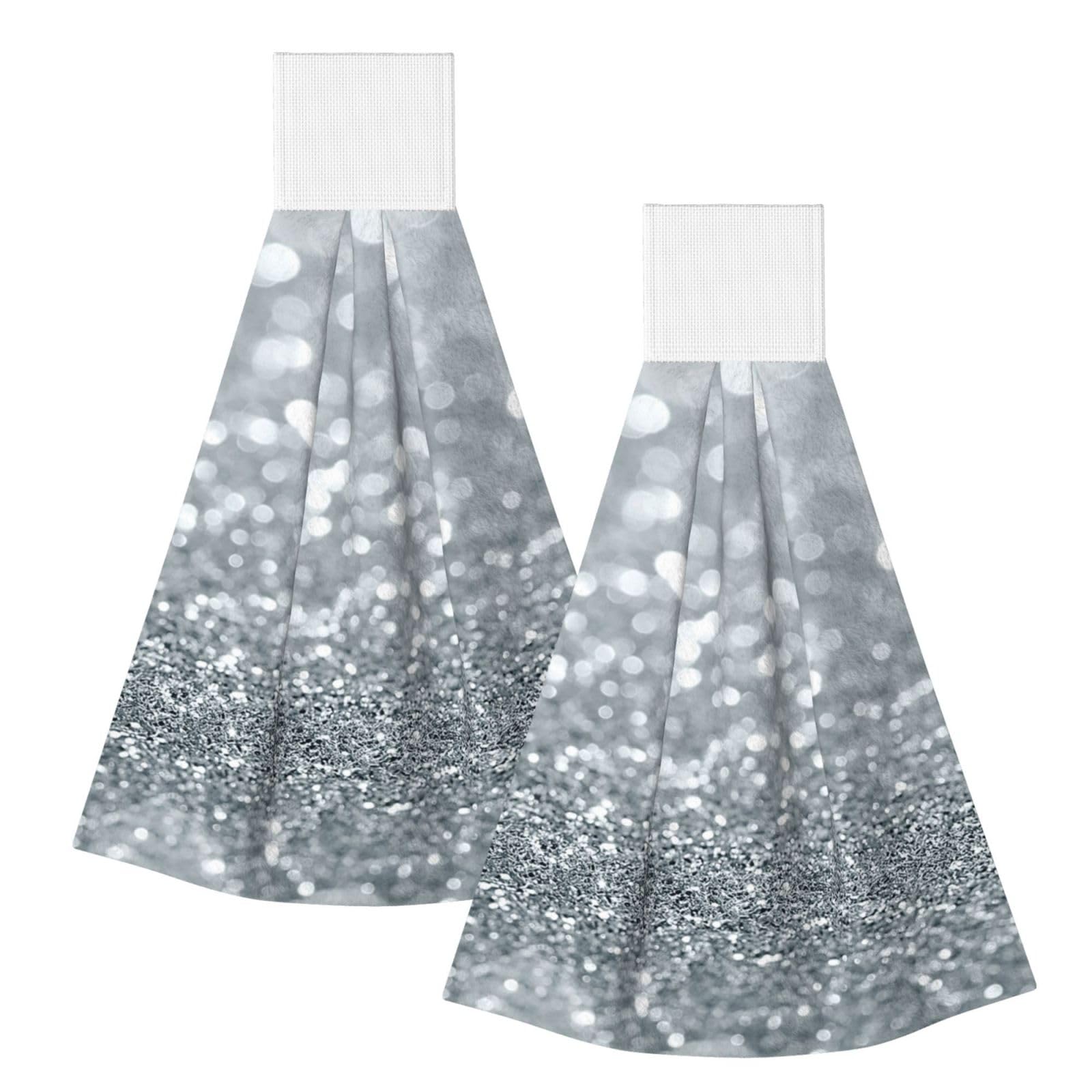 DOPKLNA White Silver Glitter Bokeh Glam Trendy Sparkle, 2 Pcs Hanging Coral Fiber Hand Towels for Bathroom, Absorbent Kitchen Towels