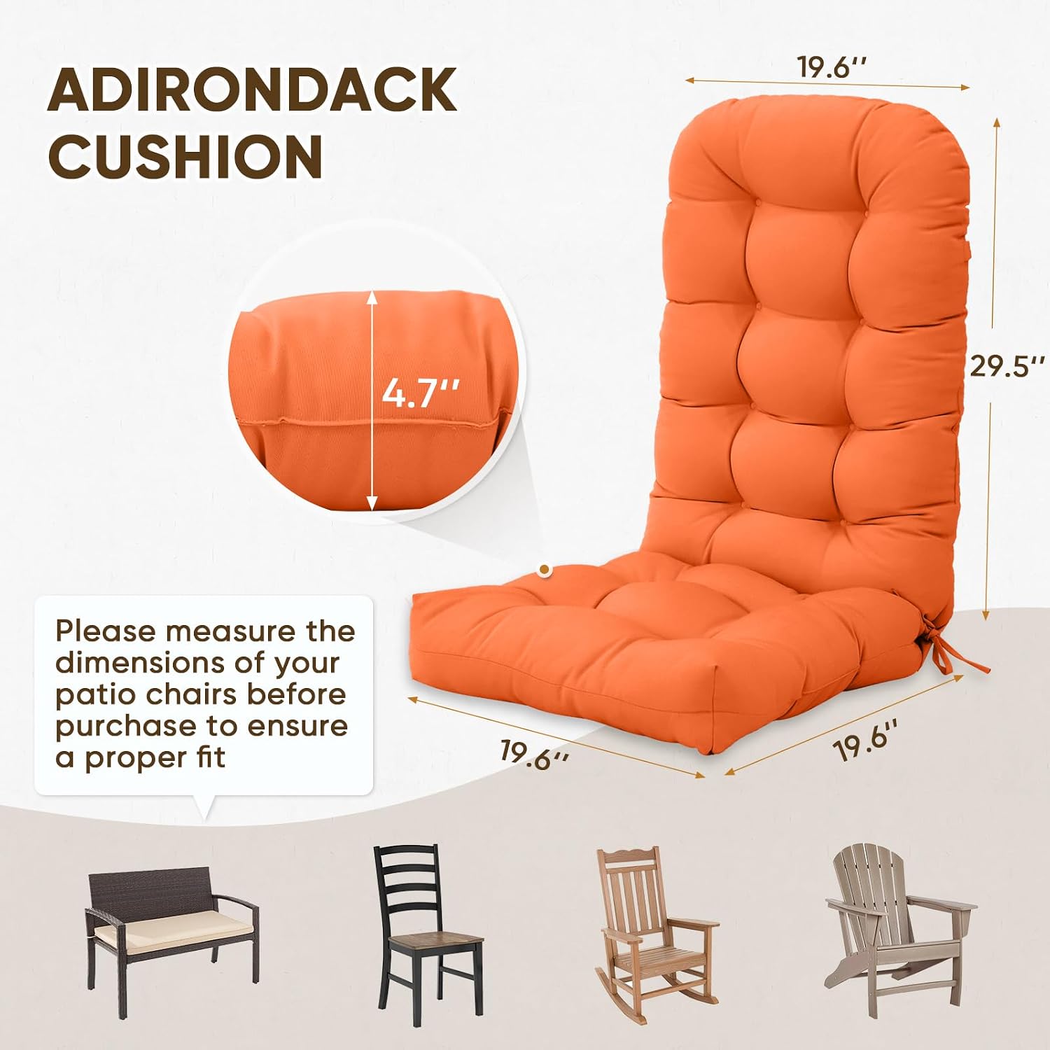 COOS BAY High Back Adirondack Chair Cushions for Outdoor Furniture, 49x20x5 in Water-Resistant Thick Tufted Patio Chair Cushions with Secure Straps, 2 Pack, Orange