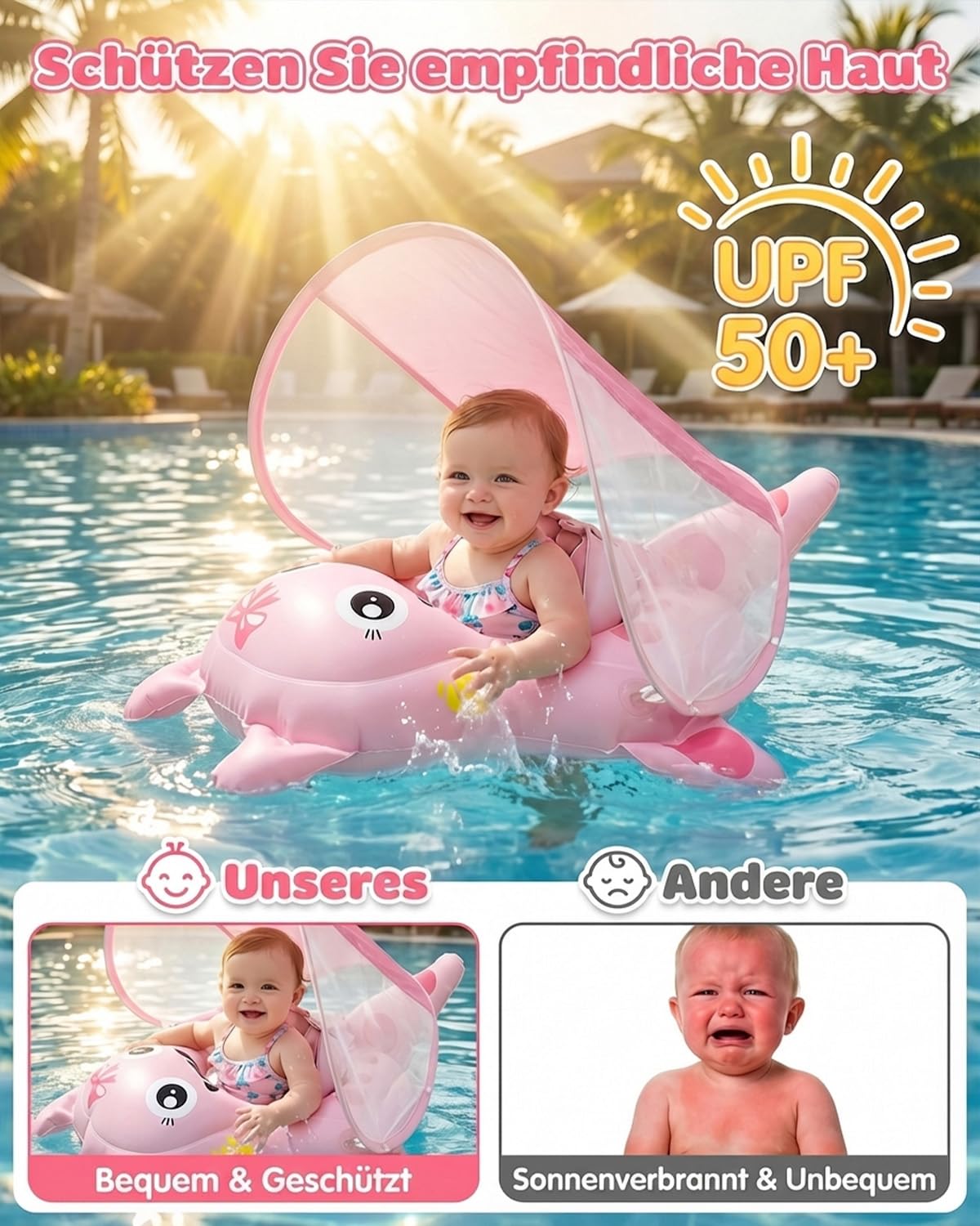 Baby Schwimmring mit UPF50+ Sonnendach Entfernbar, Rosa Premium Baby Float, Schwimmhilfe verstellbare Schultergurte, Schwimmtrainer, mit aufblasbarer Swimming Float für ab 6-36 Monate(7-16kg)