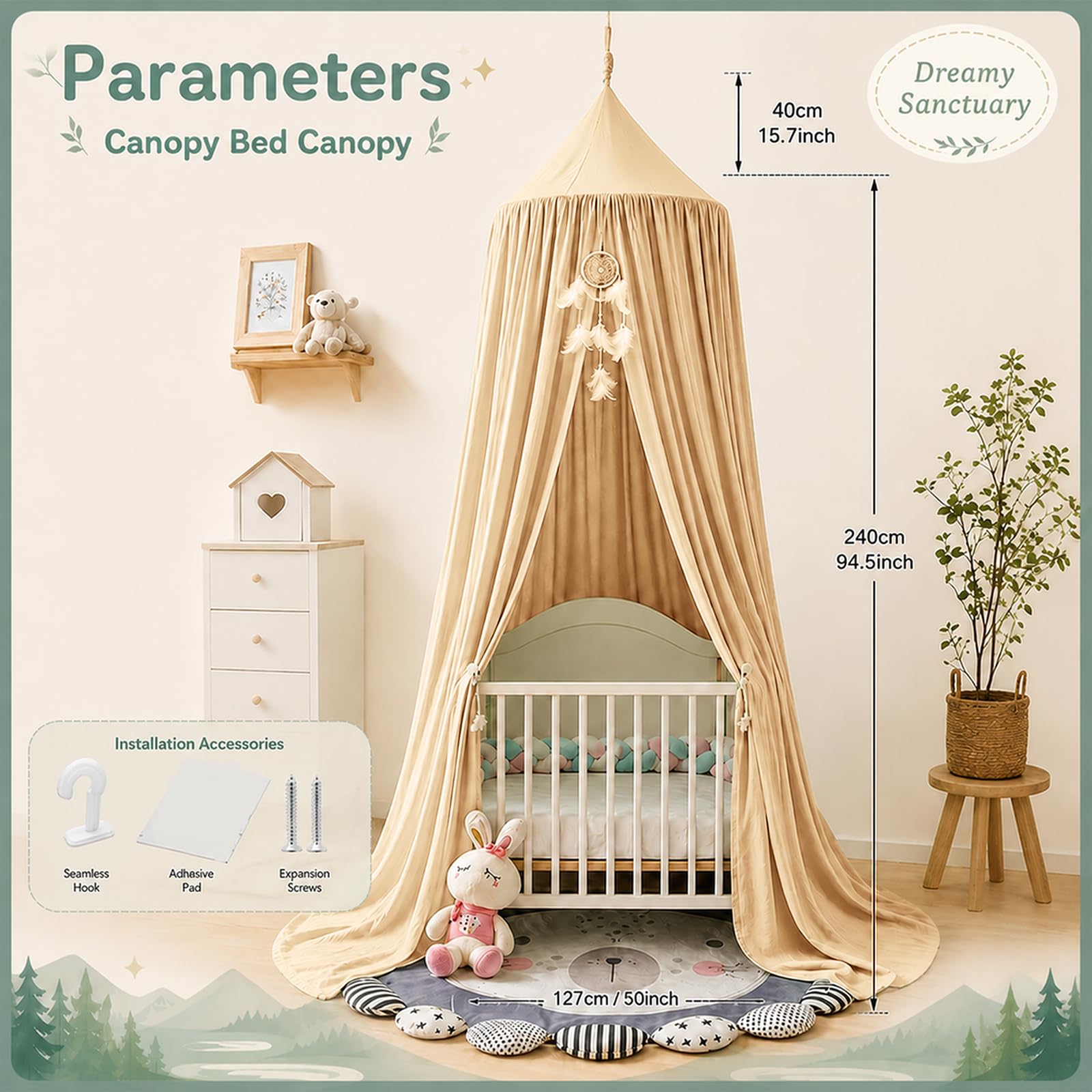 Bocguy Betthimmel Kinderzimmer,Baldachin Riesig Himmel Babybett -Khaki
