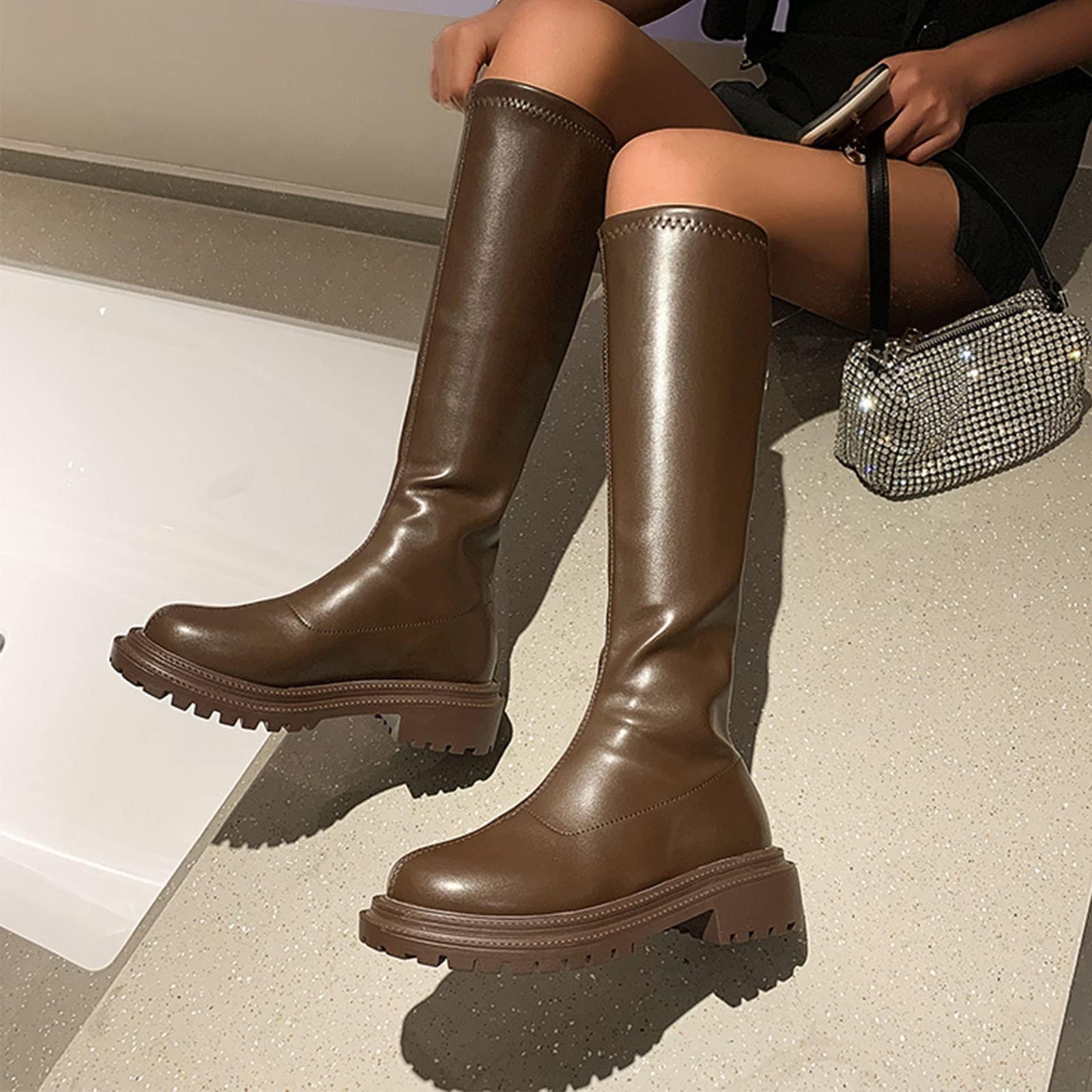 Stivali da equitazione da donna, in pelle, sopra il ginocchio, per autunno, inverno, da donna, al ginocchio, da cowboy, da lavoro