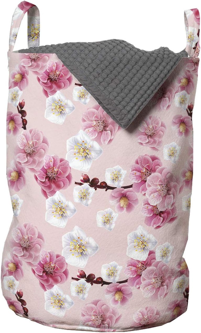Ambesonne Floral Laundry Bag, Chinese Plum Patterns Spring Blossoms Motifs with Buds Natural Art, Hamper Basket with Handles Drawstring Closure for Laundromats, 13" x 19", Pale Pink Pastel Pink
