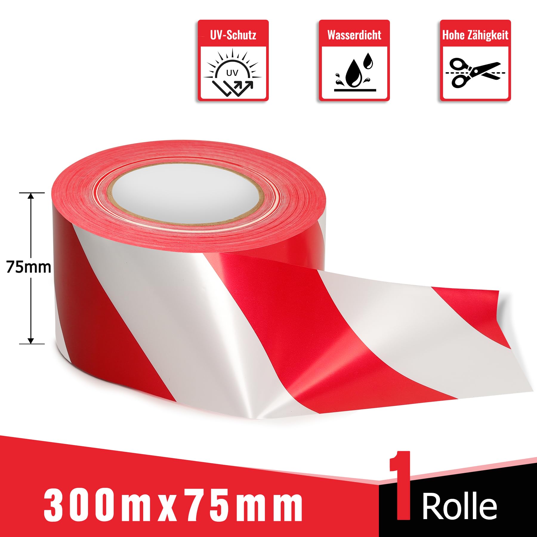 Taśma Barierowa Czerwono-Biała 300 m x 75 mm, Taśma Trzepocząca o Wysokiej Odporności na Rozdarcie, Taśma Ostrzegawcza z Stabilnym Kolorem, Odpowiednia do Ostrzeżenia w Obszarach Niebezpiecznych