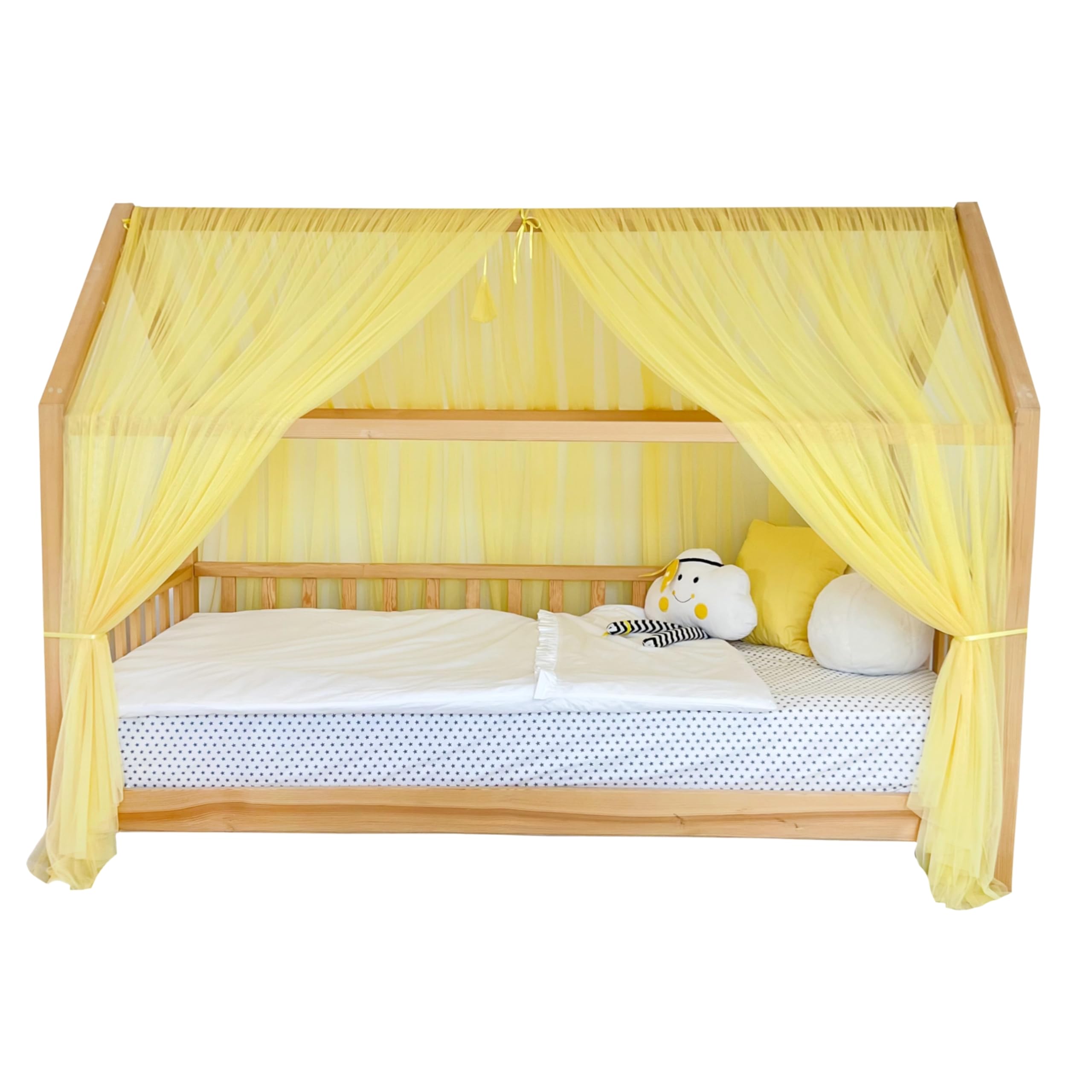 Tenda a baldacchino per letto della cameretta dei bambini, decorazione per pavimento e letto, tenda da gioco in morbido tulle per bambini (giallo, 420 cm, set da 4)