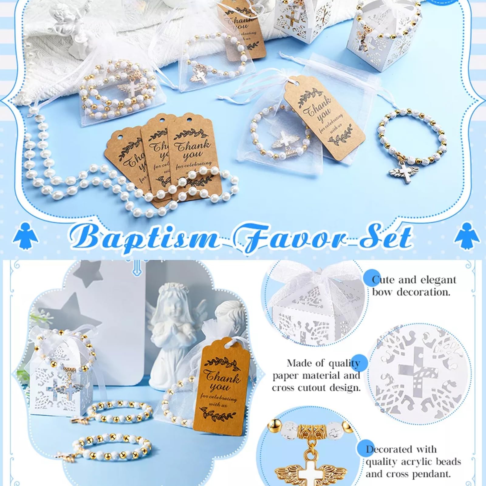 Set di bomboniere per battesimo da 20 pezzi: 20 braccialetti con croce rosario angelo, 20 scatole per battesimo, 20 sacchetti in organza, 20 etichette