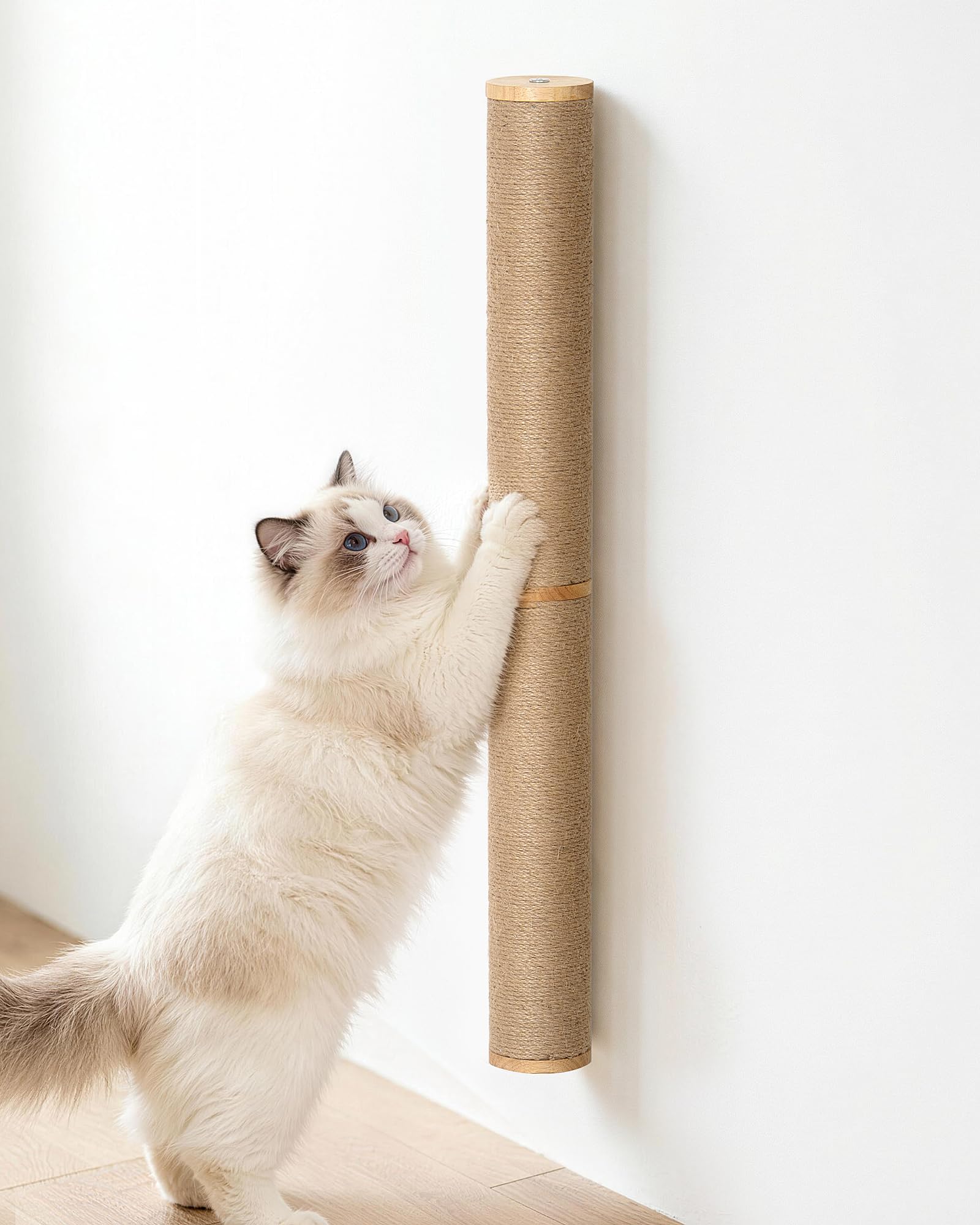 KwiMeow Cat Scratching Post Wall-Mounted, 86cm Tall Wooden Scratching Posts for Indoor Cats, Sturdy & Invisible, Rotatable Natural Jute Rope Column (Wooden-1pc)