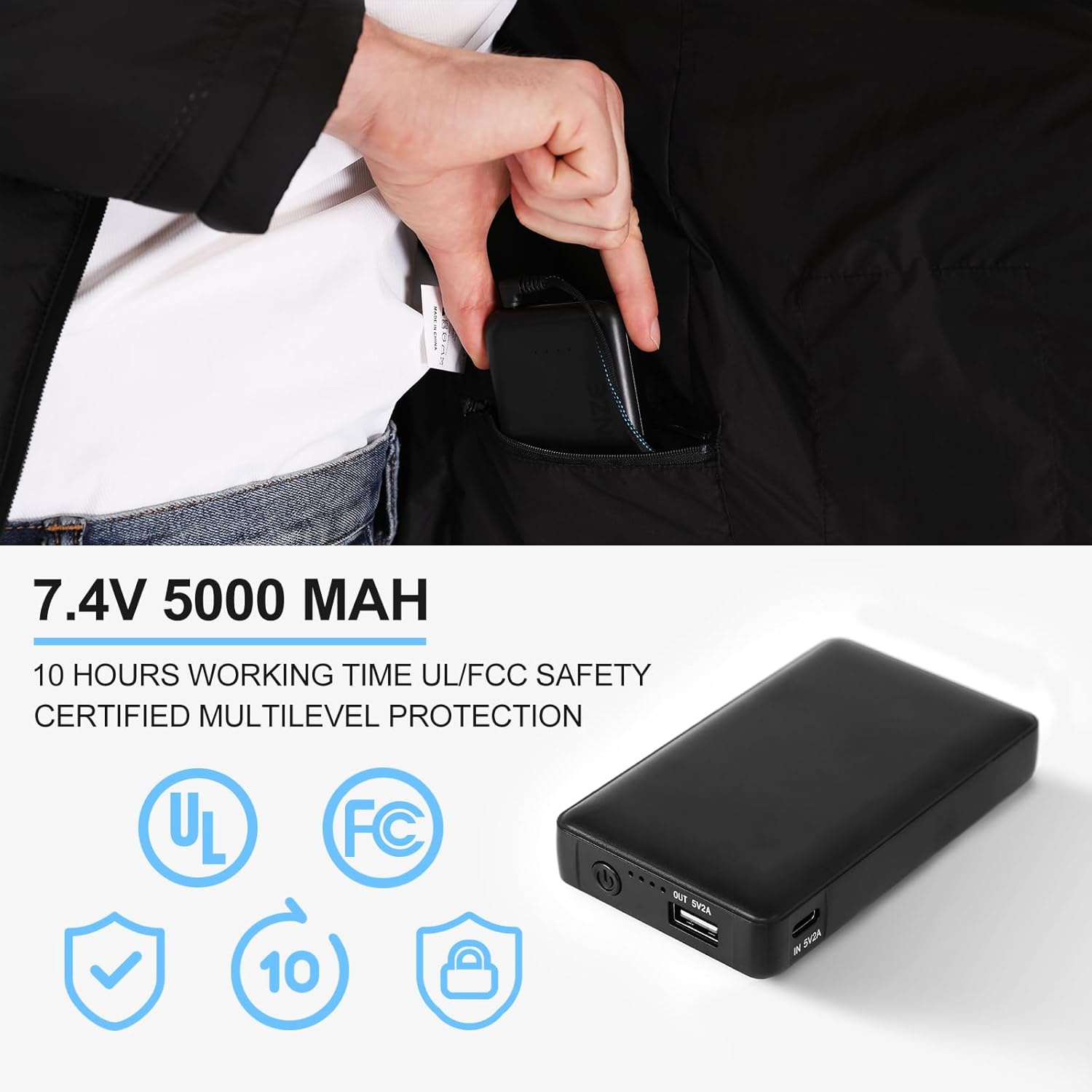 Smilodon Heated Jacket for Men, 5 Heating Zones Carbon Fiber, 7.4V Battery Rechargeable Winter Coat for Outdoor Skiing Work - Image 6