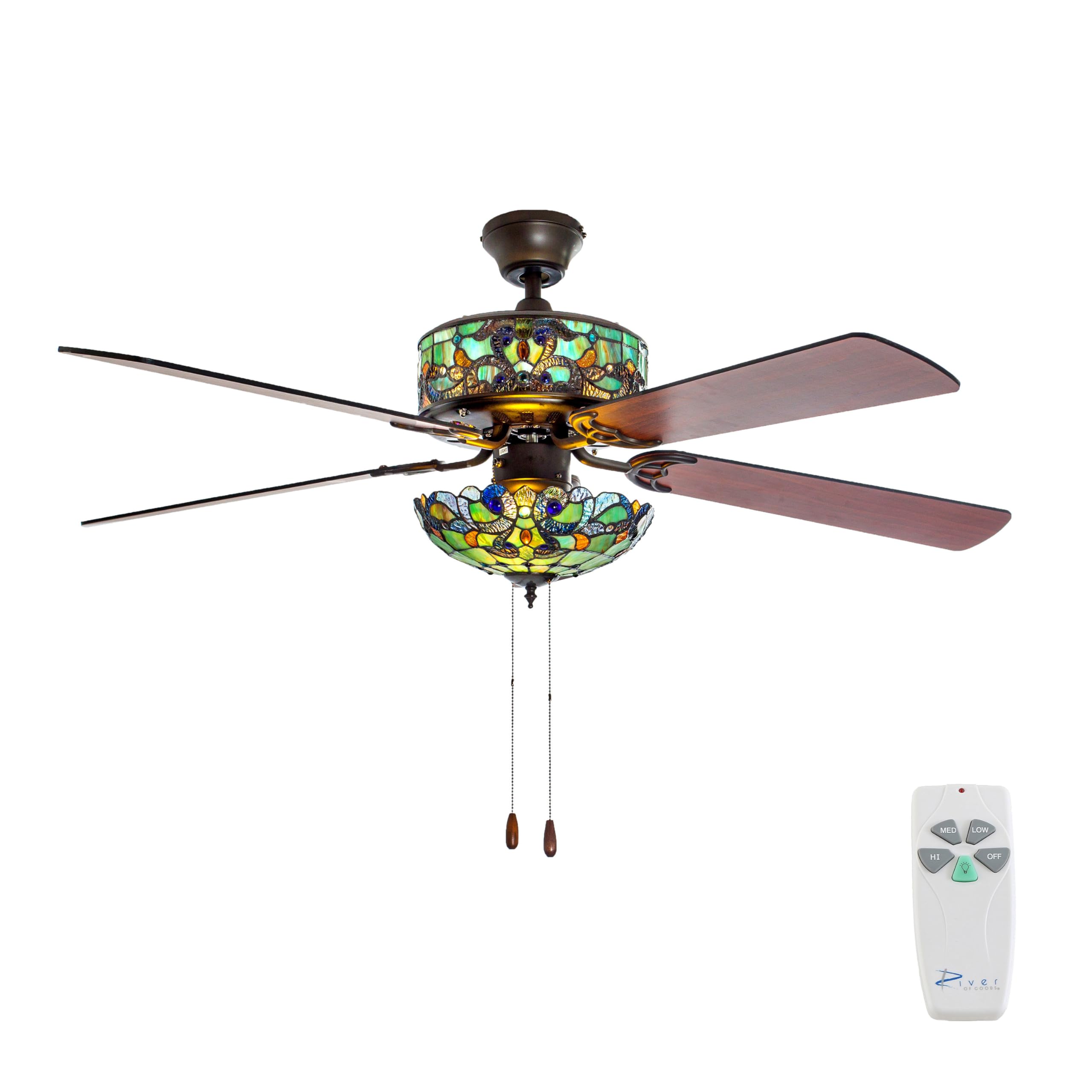 river of goods stained glass magna carta led ceiling fan - 5234 l x 5234 w - tiffany style - flush mount ceiling fan with remote - teal