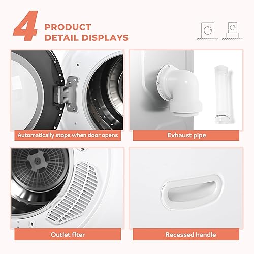 Miniatura 5 de Secadora EUHOMY, secadora de ropa de 3.5 pies cúbicos, 1500W, secadora de tambor de acero inoxidable con manguera de escape para el hogar,