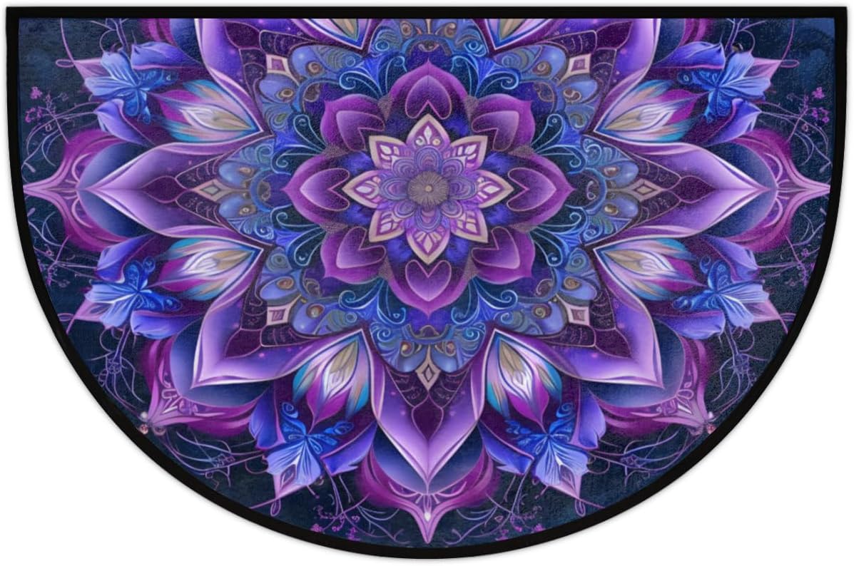 Purple Mandala Half Round Door Mat Indoor Entrance Boho Flower Washable Half Circle Area Rugs Non Slip Half Moon Rug Semi Circle Bathroom Rugs Floor Carpet for Kithen Bedroom Fireplace Decor