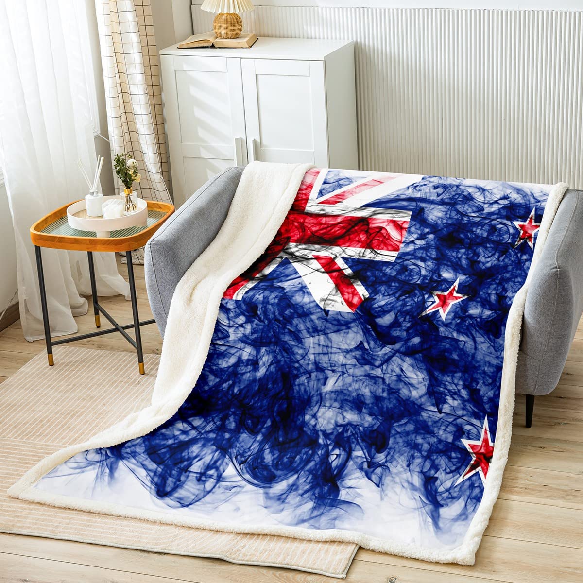 Coperta Sherpa con bandiera americana blu fumé in pile per bambini, ragazzi, ragazze, federazioni, stelle, a righe, morbida coperta sfocata, per letto, divano letto, queen 200 x 200 cm