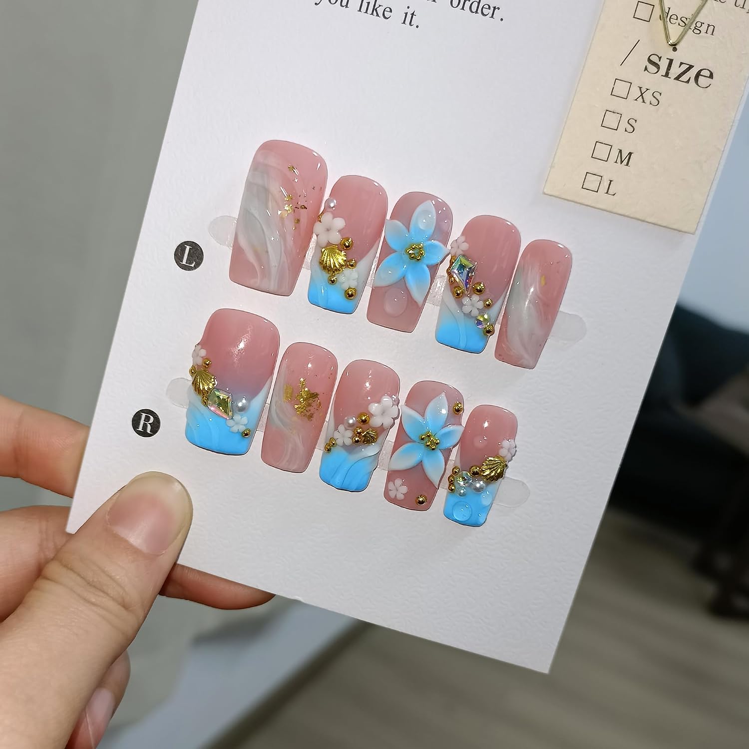 Medium Coffin Press on Nails Blue Pink Ombre Shell(L） image 4