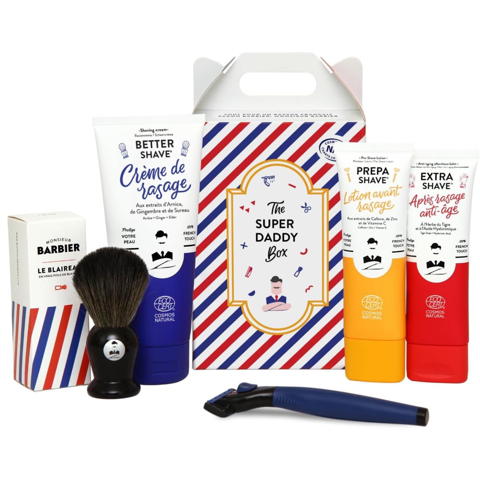 Monsieur BARBIER Estuche Afeitado Super Daddy Hombre 5 Piezas | Afeitadora El Presidente y 4 recambios, Prepa-SHAVE, Better-SHAVE, Extra-SHAVE antienvejecimiento, tejón de barbero.