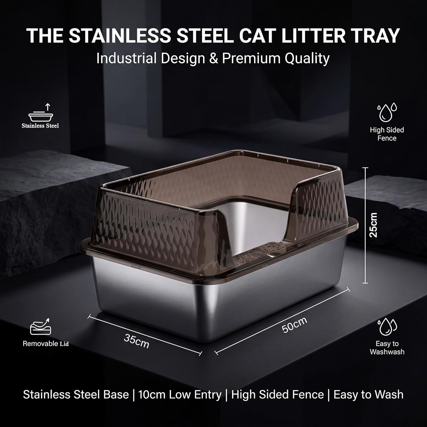 Suhaco Large Stainless Steel Litter Box Side Entry High Sides Deep Metal Cat Litter Boxes with Lid Low Entry Litter Mat and Scoop Litter Pan (Tall Black)
