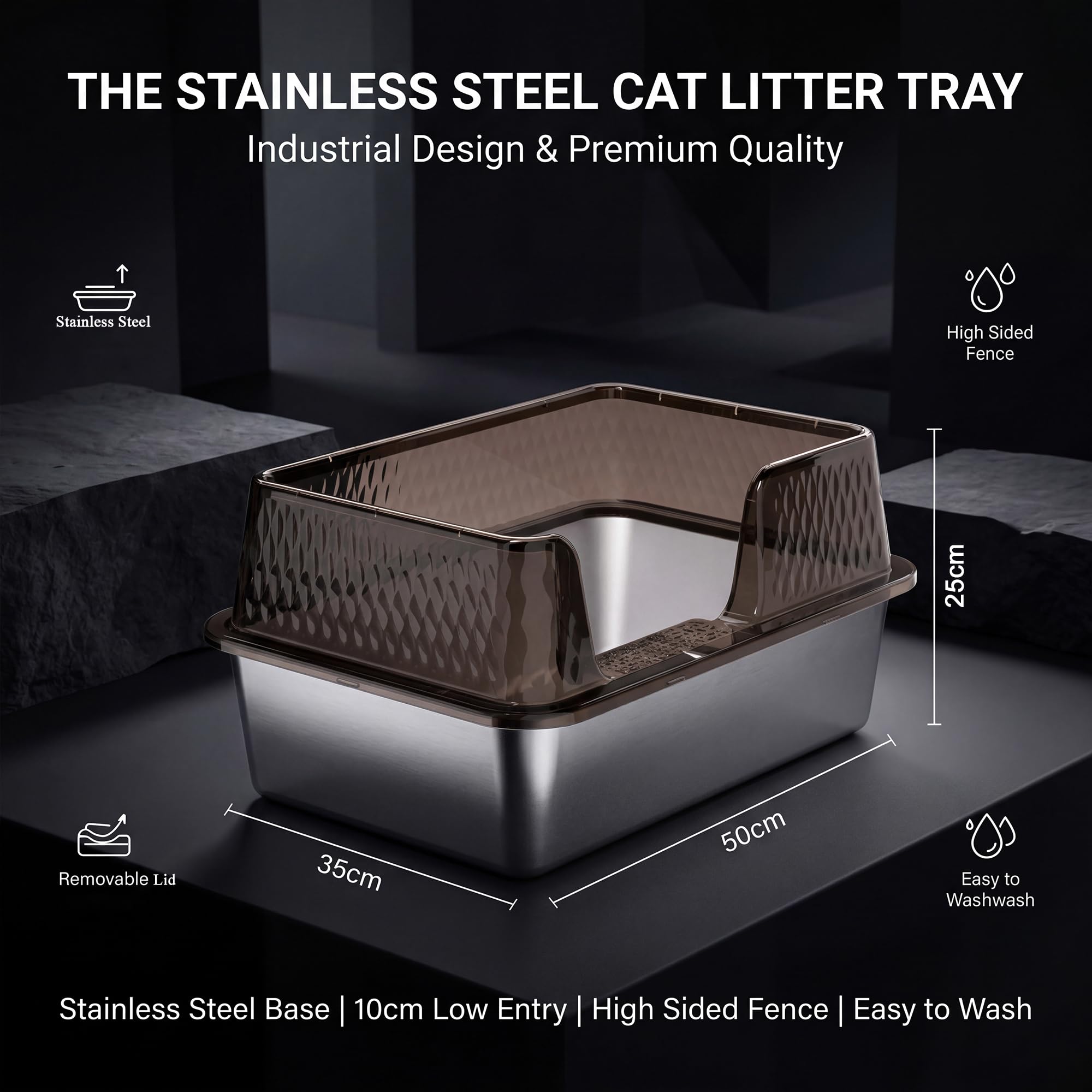 Suhaco Edelstahl Katzenklo mit Deckel Matte und Schaufel für katzentoilette Hohe Seiten XL Leicht Zu Reinigen Große Streukasten (XL,Schwarz)