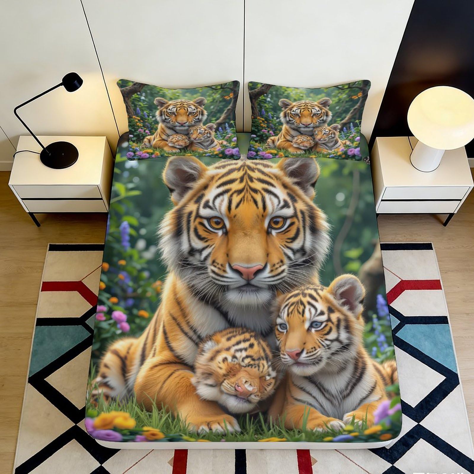 3D Printed Tiger Family Fitted Sheet Microfiber Soft Durable Jungle Pattern Bed Cover for Bedroom Dormitory Guest Room Mattress Protection 160x200x25cm