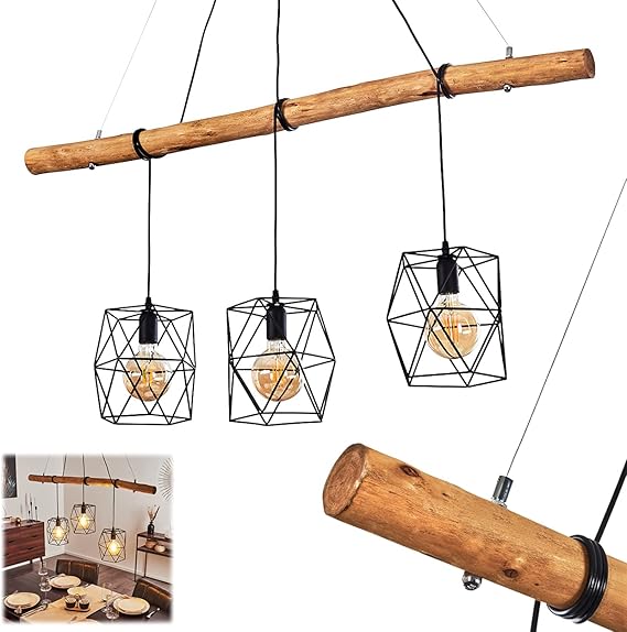 hofstein Hanglamp Seegaard, hanglamp van metaal/hout in zwart/bruin, 3 lampen, 3 x E27, moderne hanglamp, zonder gloeilampen