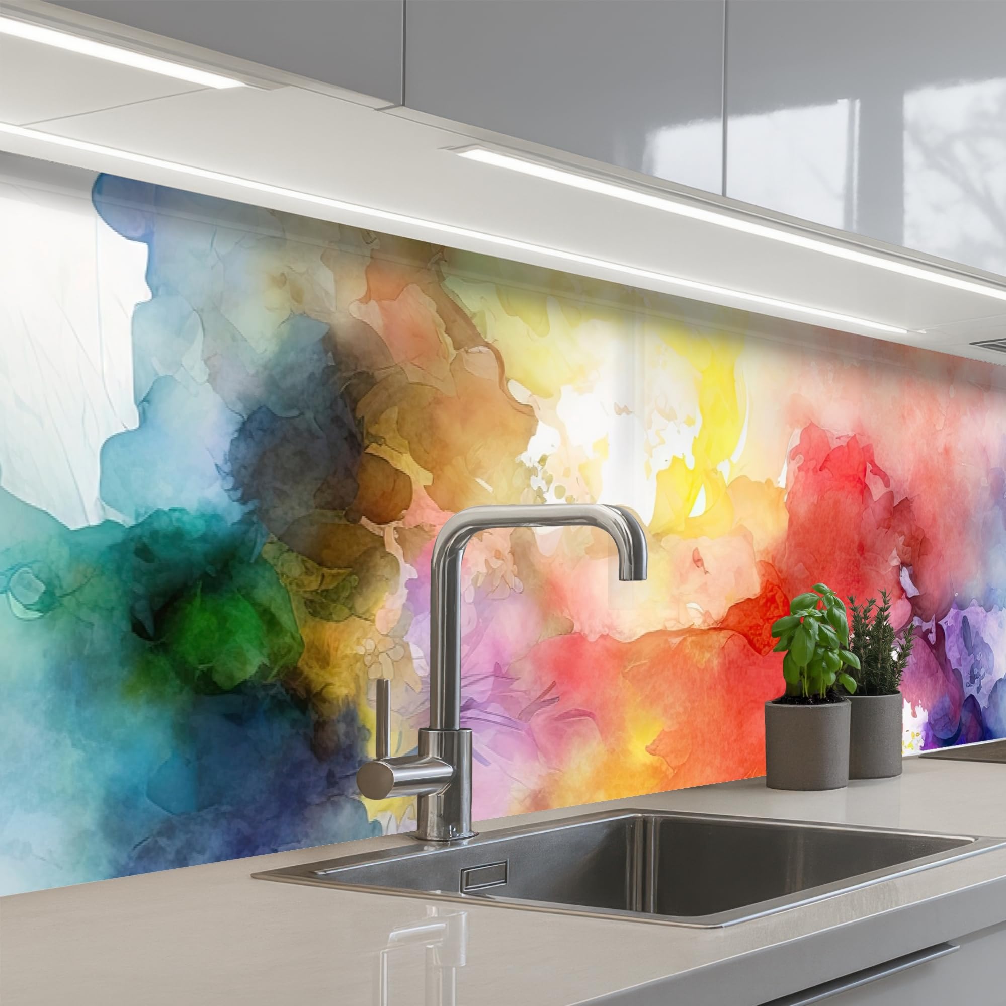 KitchenYeah© Splashback for kitchen 24"x98" / 60x250 cm self-adhesive Sink Splash Splatter Guard Splashbacks Walls Watercolor - Rainbow - Abstract - Art - Colors