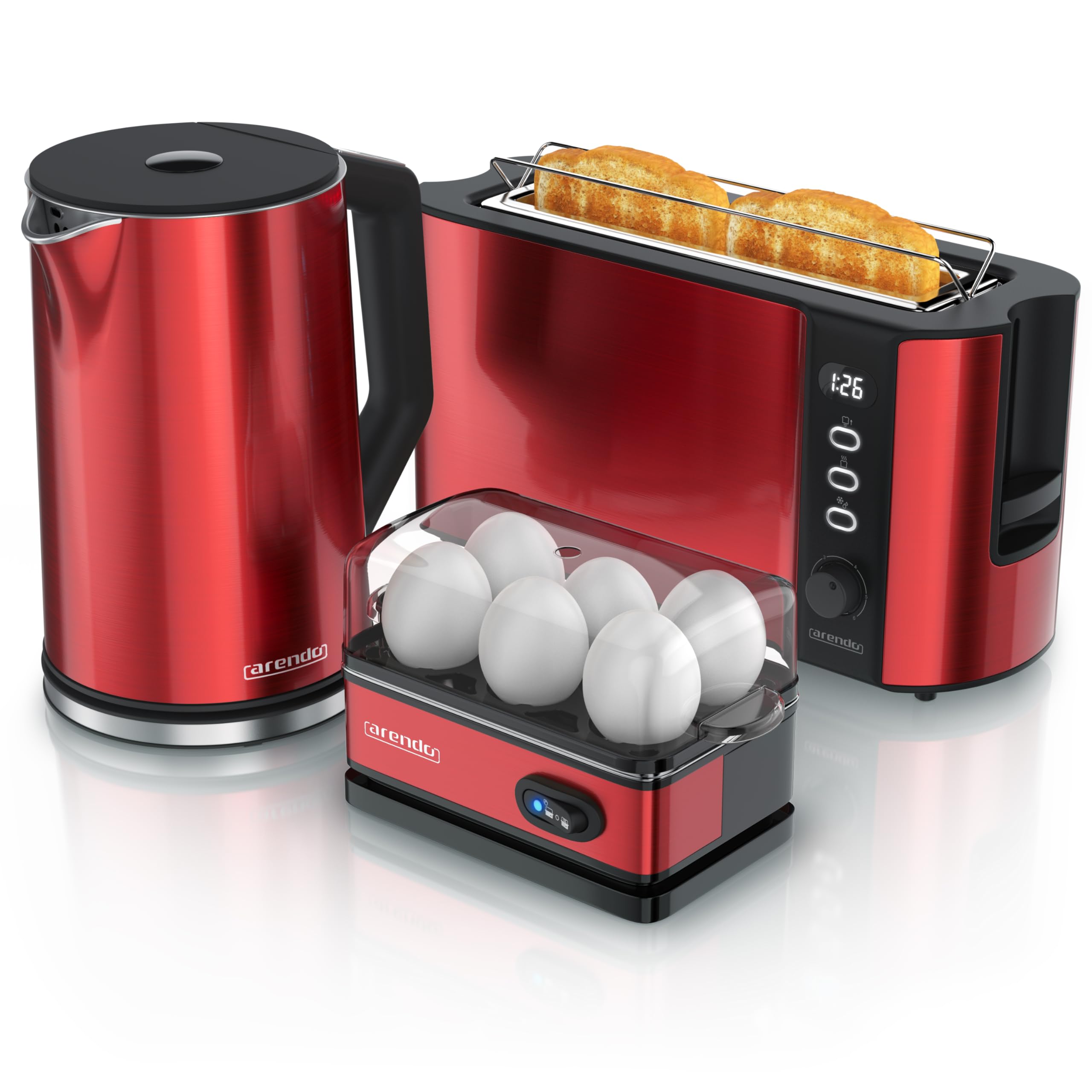 Arendo - Wasserkocher Toaster Eierkocher Set - Edelstahl Wasserkocher mit Temperatureinstellung - Toaster 2 Scheiben Langschlitz - Eierkocher 1-6 Eier - Küchenset in Rot