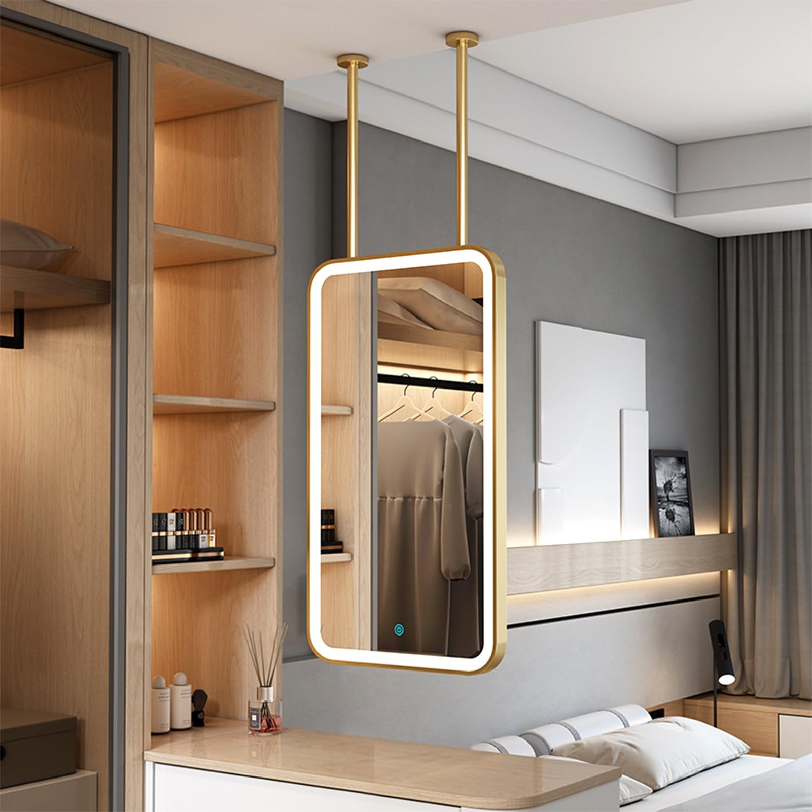 Miroir de plafond suspendu LED rectangulaire doré 40x60 cm pour salon