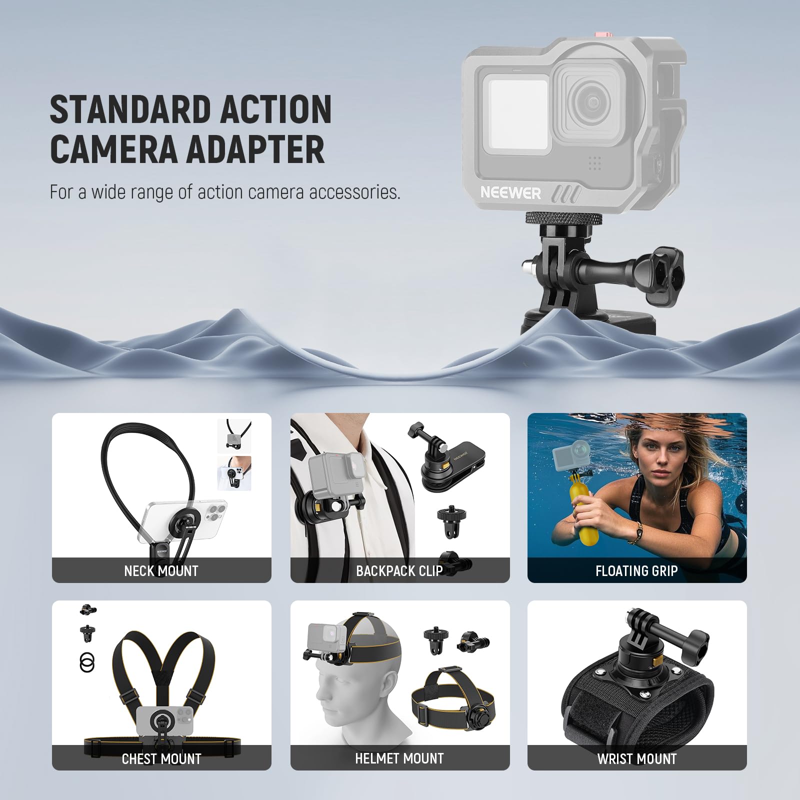 NEEWER Adapter do statywu Action Camera ze śrubą 1/4"-20, akcesoria ze stopu aluminium, kompatybilny z Insta360 X5 X4 X3 GoPro Hero 13 12 dji Osmo Action 5 Pro 4 3 AKASO APEMAN, GP-81