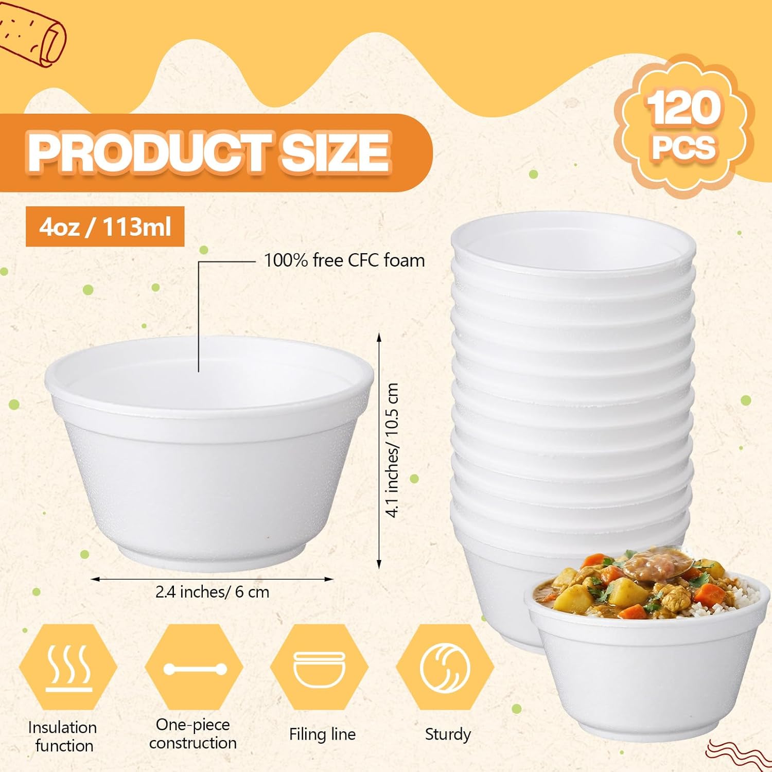120 Pack Foam Bowls 8 Ounce Disposable Soup Container for Hot and Cold Foods Ice Cream, Yogurt, Soup, Takeout