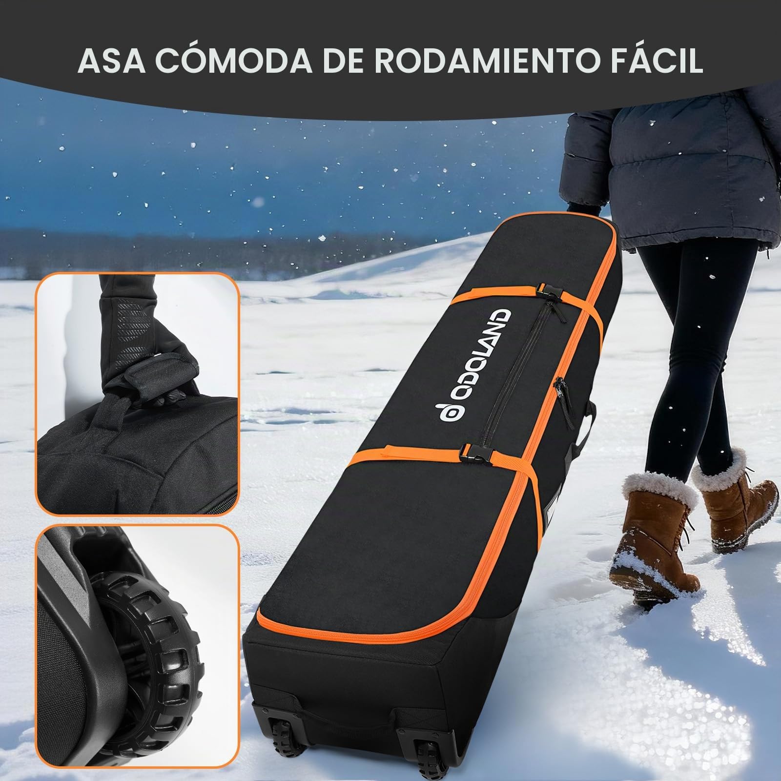 Odoland Bolsa de Esquí con Ruedas Bolsas Acolchadas para Snowboard y Botas de Esquí con Ruedas para Viajes en Avión, Tela Oxford 900D Impermeable, Apta a 2 Pares de Esquís de 170/190 cm