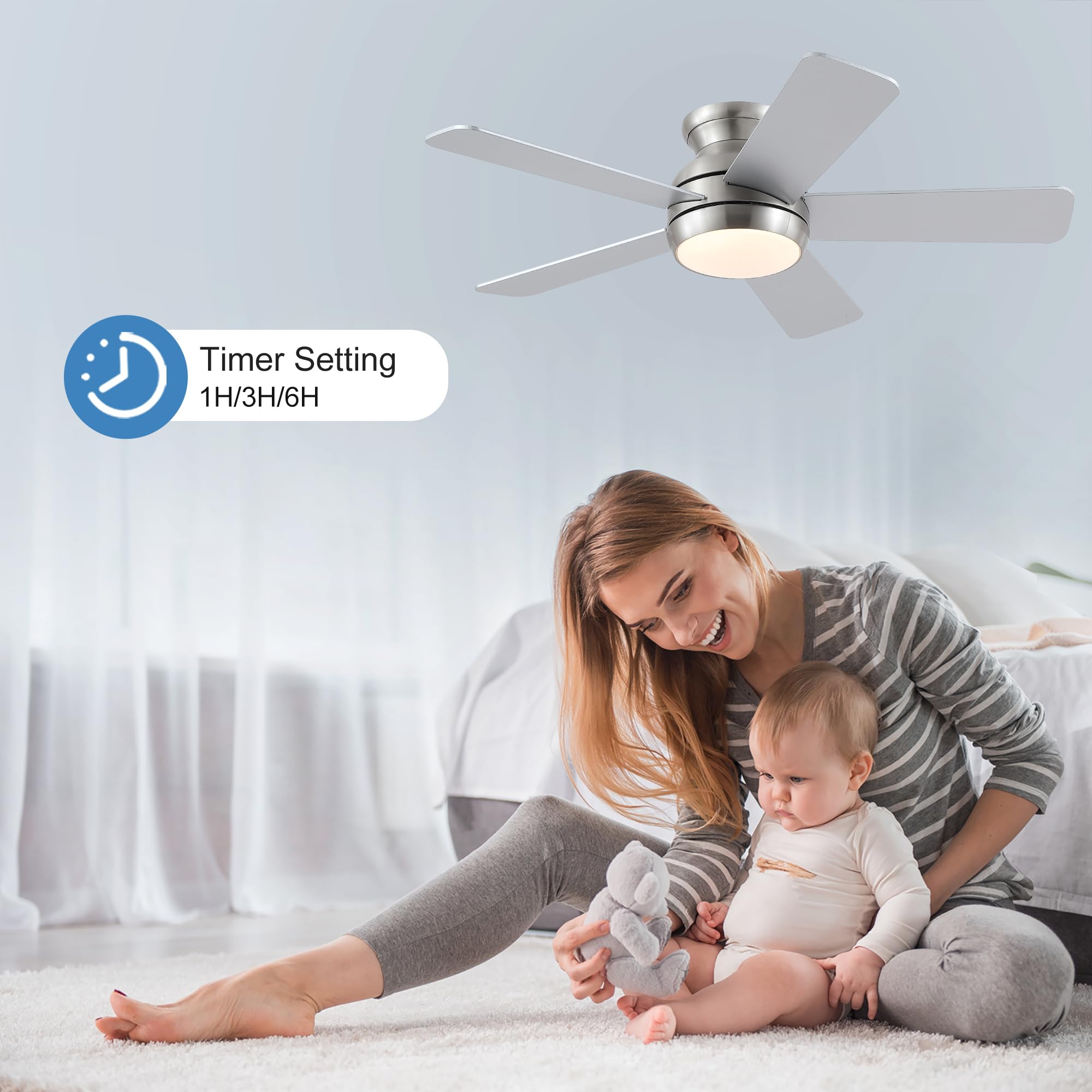 Ventiladores de techo de níquel cepillado de 42 pulgadas con luces y control remoto, ventilador de techo LED de bajo perfil para dormitorio, sala de estar, patio, motor de CC silencioso, 5 8