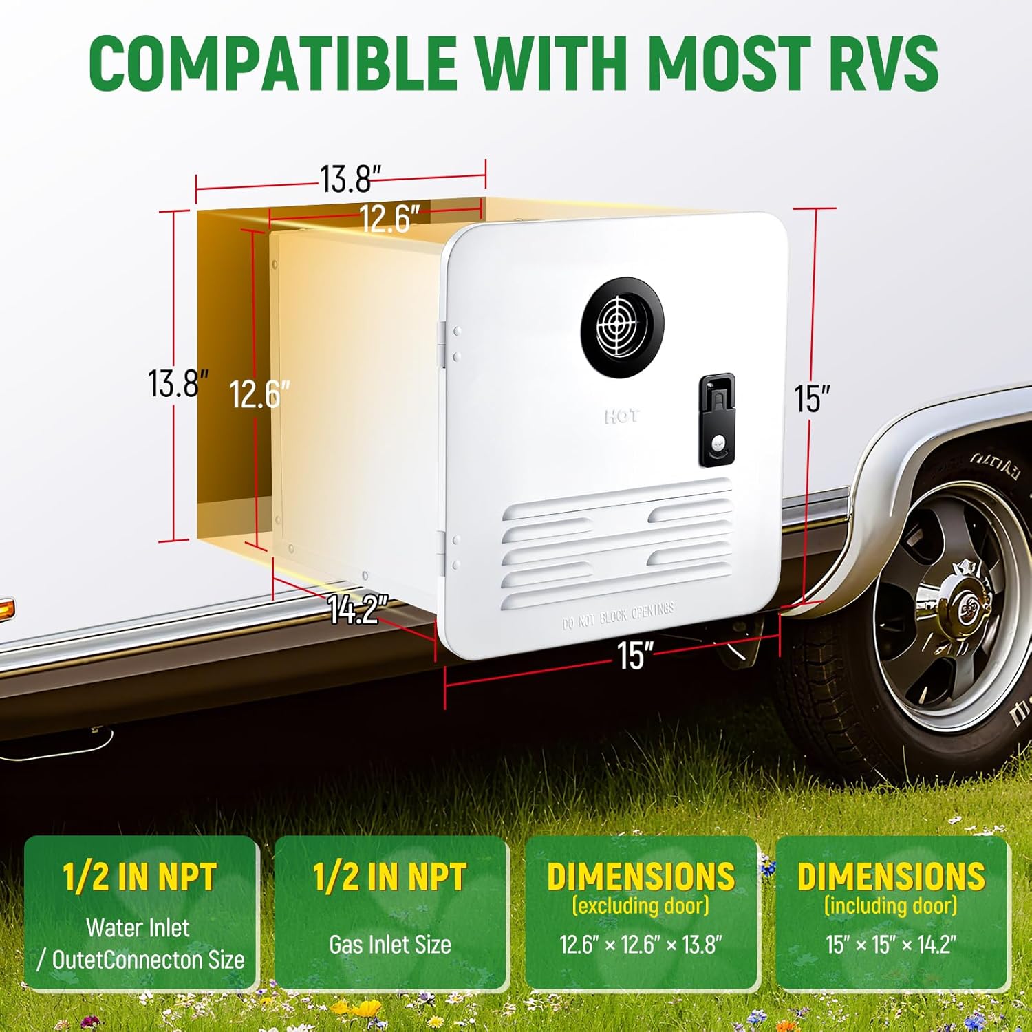 RV Tankless Water Heater, 65,000 BTU with Control Panel Showerhead, DC 12V, Freeze Protection, High Altitude Available,15" x 15" White Door On Demand Instant Hot Water Heater for RV Camping