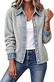 Movnebyro Women’s Cardigan Sweaters Denim Patchwork Trim in Light Grey