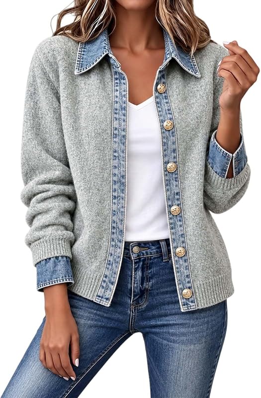 Movnebyro Women’s Cardigan Sweaters Denim Patchwork Trim in Light Grey