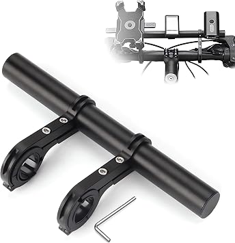 HANEVEAR Bicycle Handlebar Extension, 20 cm, Aluminium Alloy for 25-34 mm Handlebars, with Rubber Sleeves, for GPS, Camera, Torch, Phones