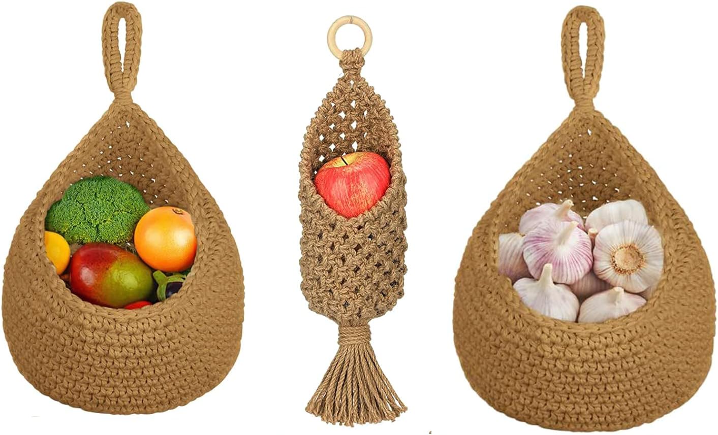 Hanging Kitchen Baskets, Handwoven Natural Cotton Teardrop